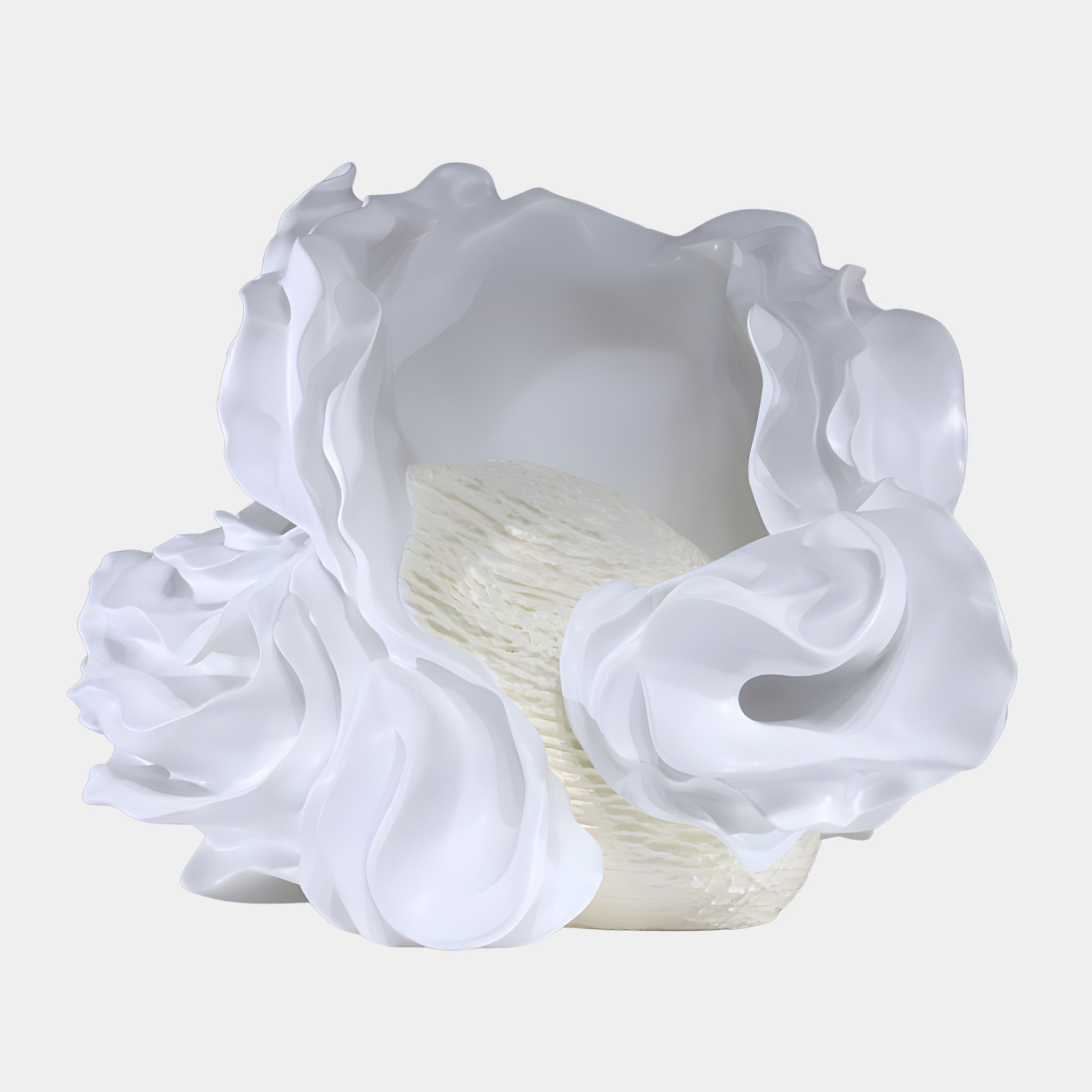 Giant Sculptures White Abstract Rose Bloom Sculpture in 3D-printed resin, with ruffled petals curling around a textured cream centre, on a plain background.