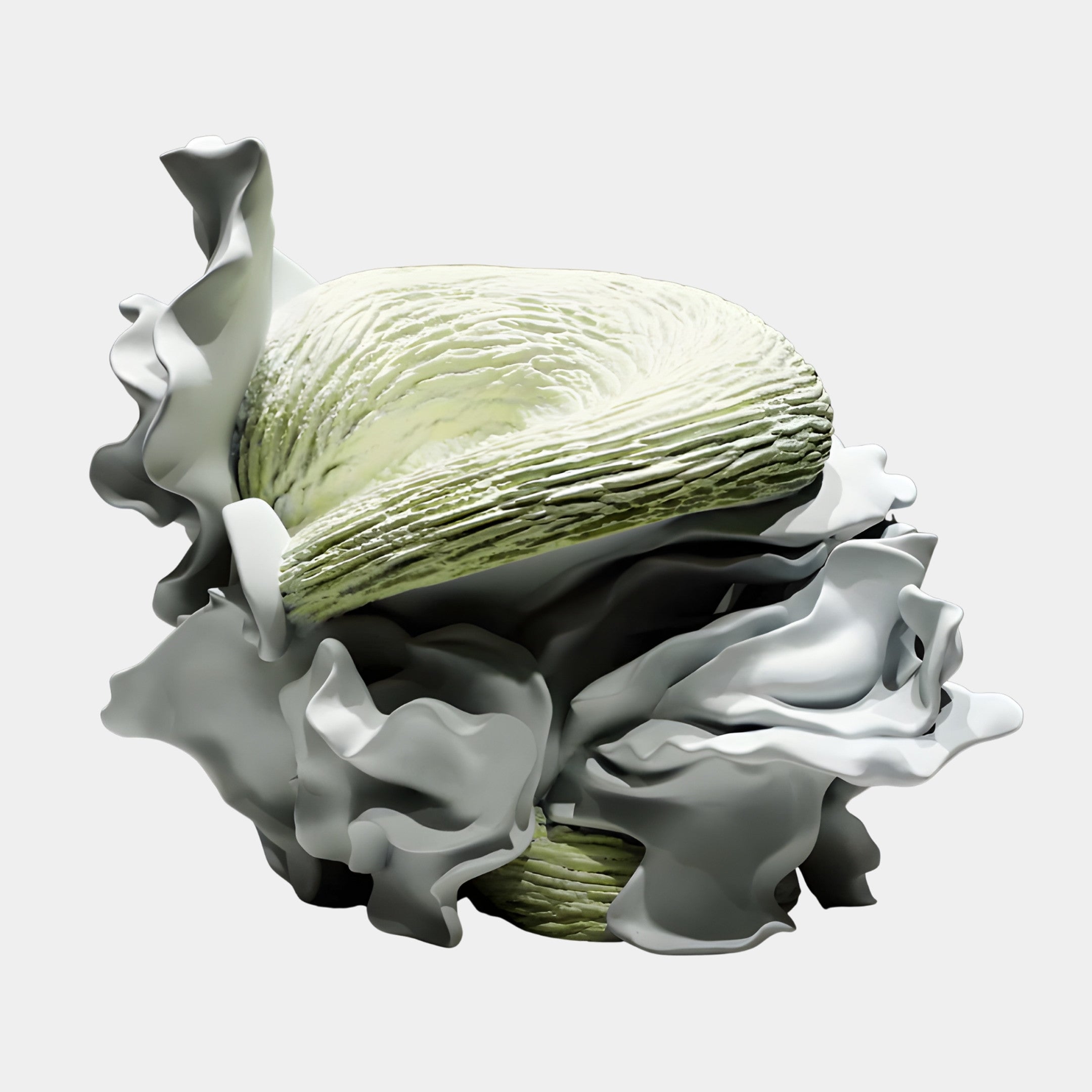 Giant Sculptures Grey and White Abstract Layered Rock Sculpture 50cm, with ruffled shell-like edges wrapping a banded green-grey core, on a plain background.