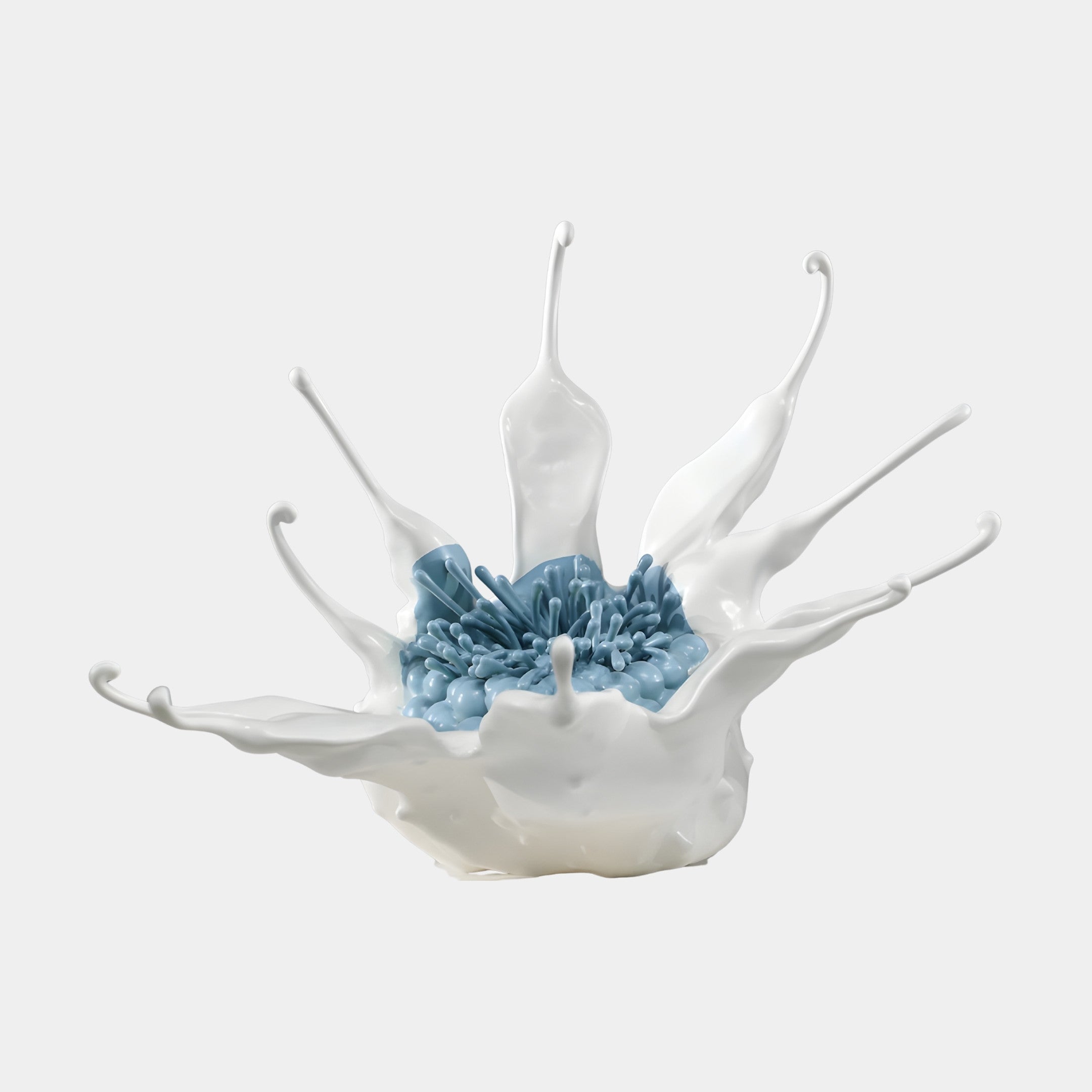 Giant Sculptures White Milk Splash Crown with Blue Crystal sculpture in 3D-printed resin, droplets flaring around a blue crystalline core on a plain background.