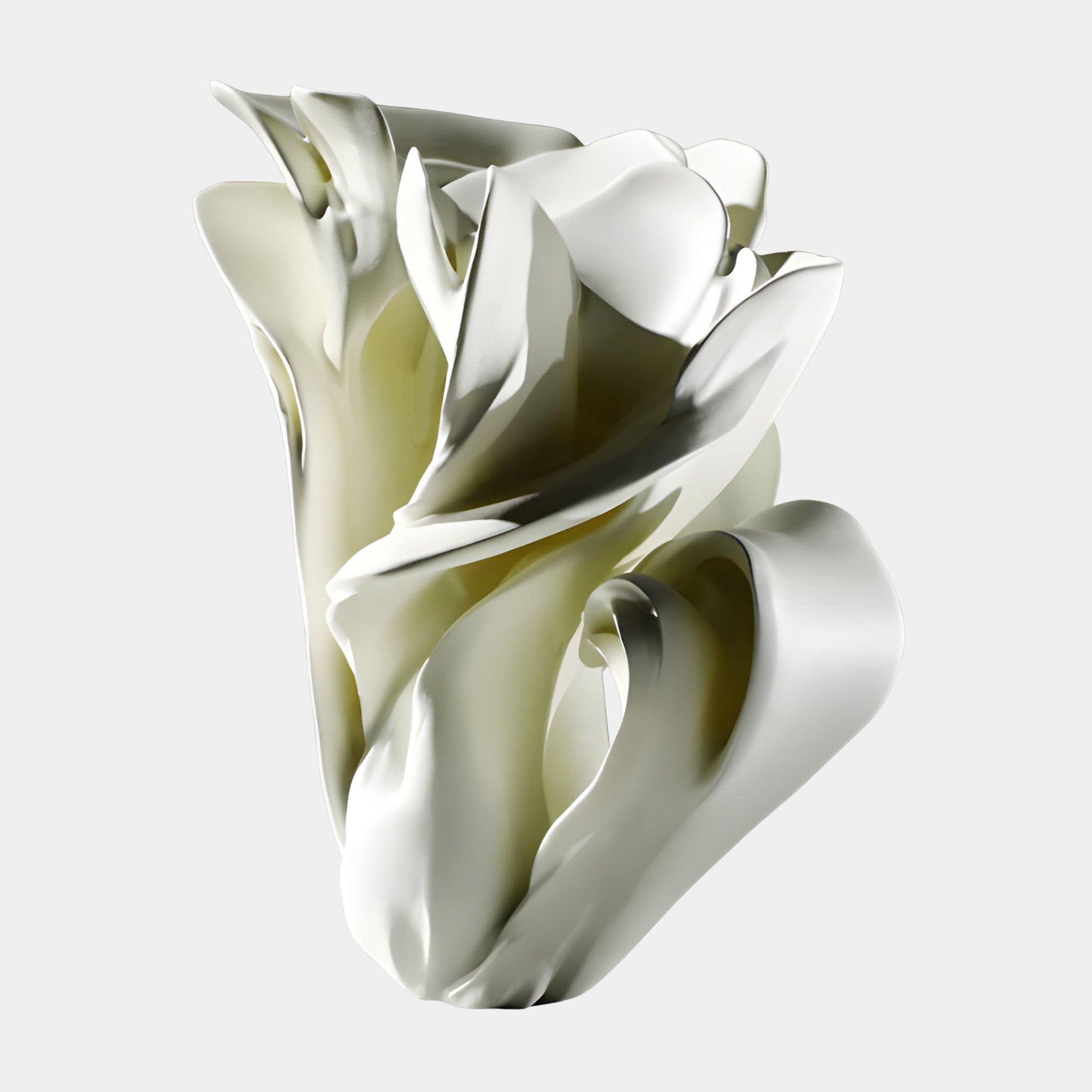 White Abstract Flower Petal Sculpture by Giant Sculptures, a 50cm 3D-printed resin piece with smooth layered petals unfurling on a plain light background.