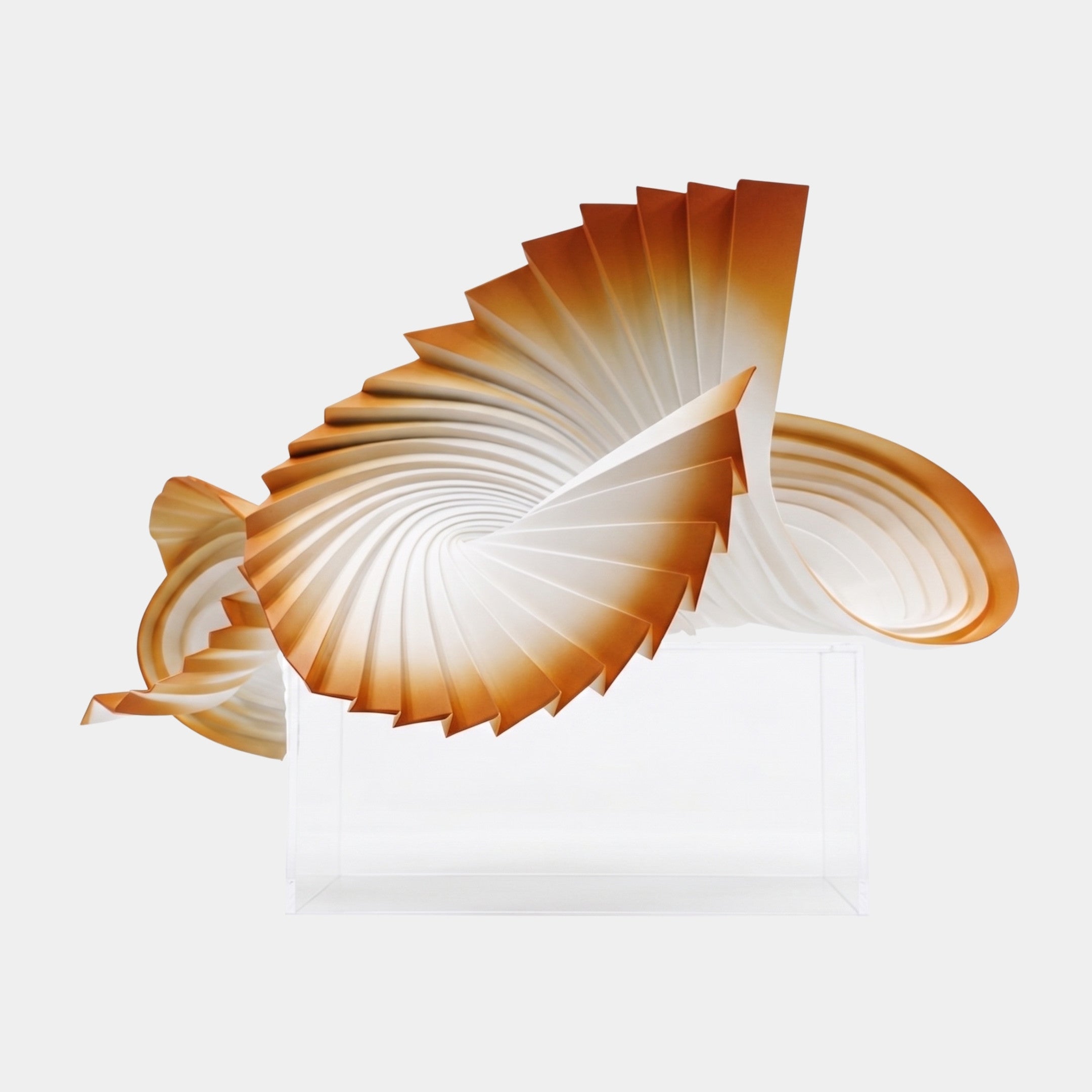 Orange and white Abstract Shell Fan Sculpture by Giant Sculptures, with pleated 3D-printed resin fans spiralling on a clear acrylic plinth against a white background.
