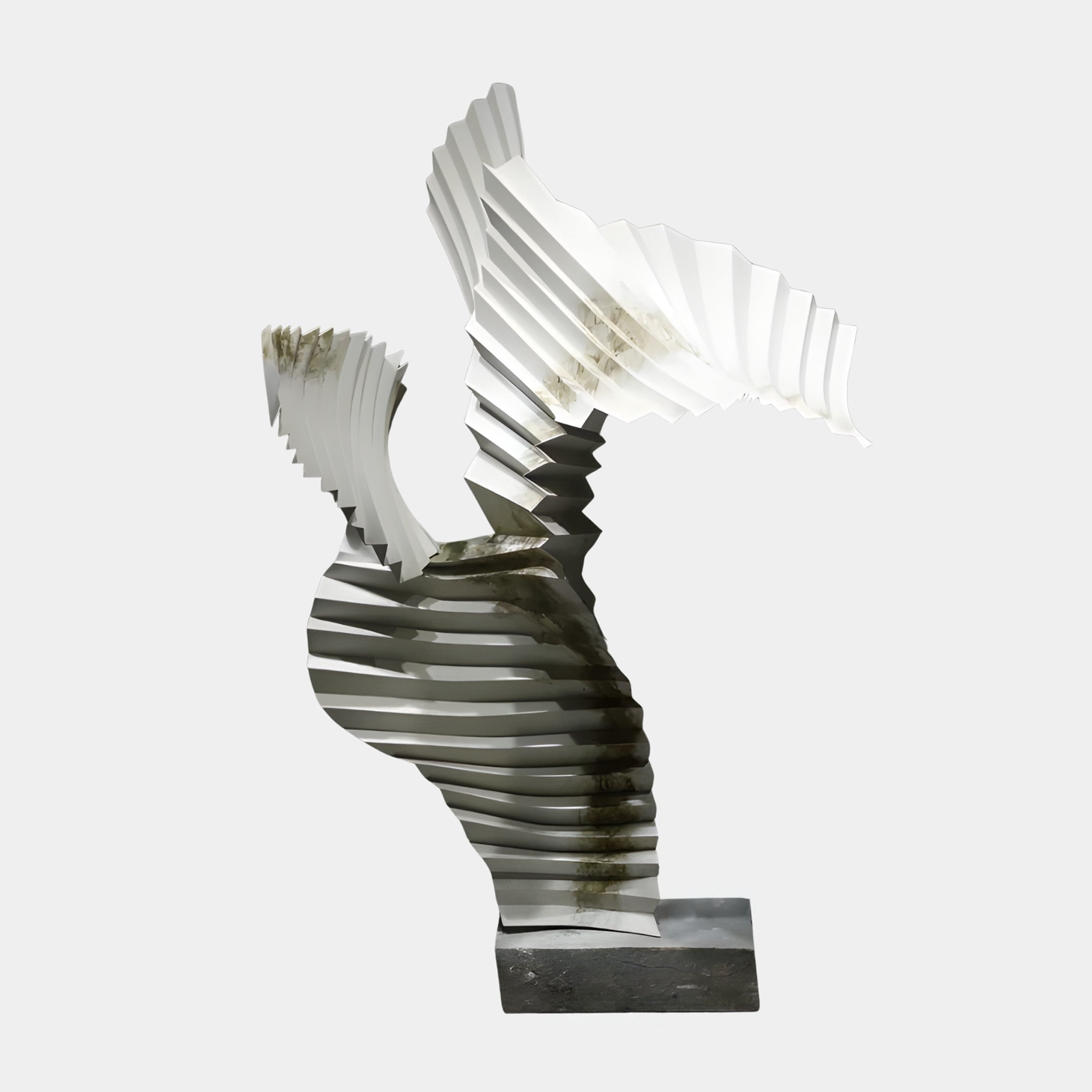 White Abstract Flowing Ribbon Sculpture by Giant Sculptures, 162cm 3D-printed resin form with pleated ribbon-like curls rising from a dark base on a plain background.