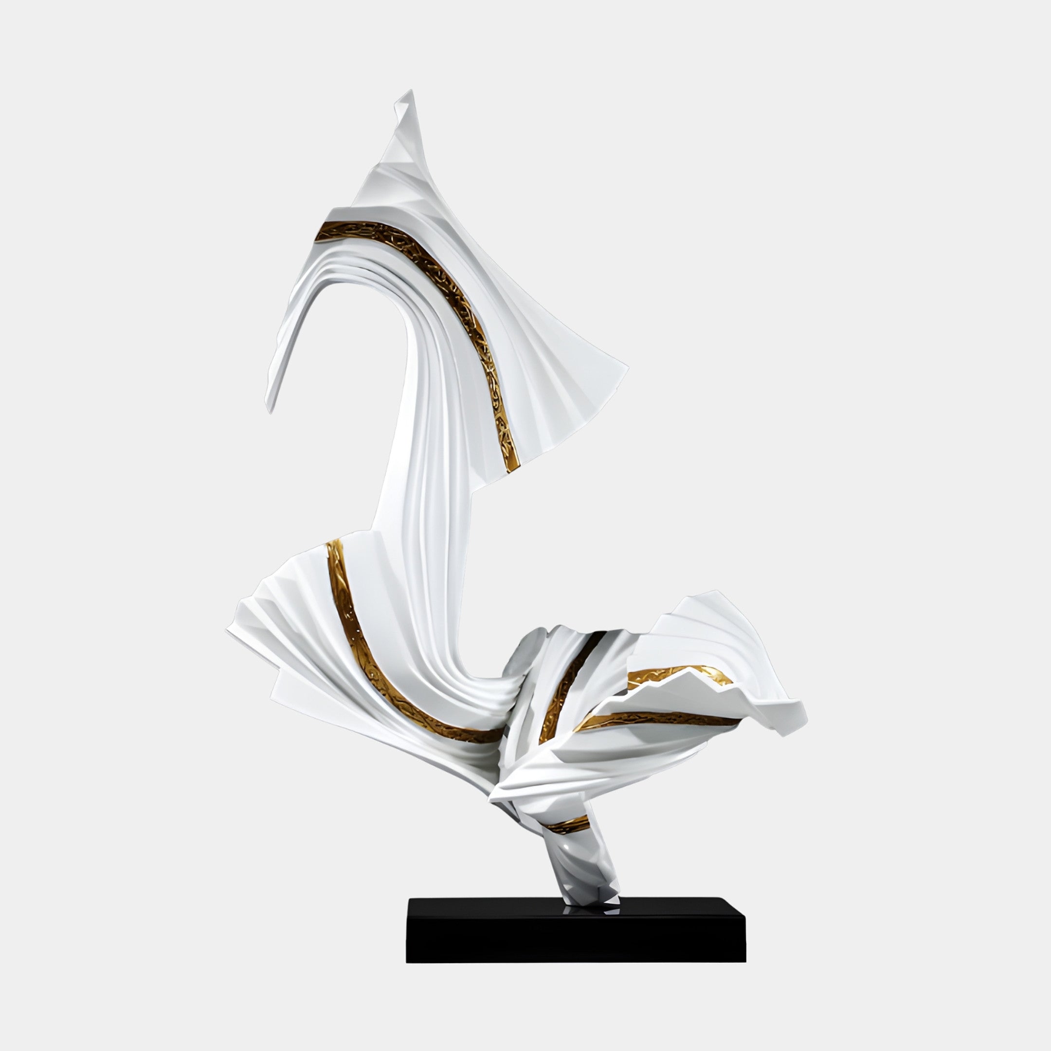 White and Gold Abstract Flowing Drape Sculpture by Giant Sculptures, 75cm, featuring billowing pleated folds with gold veining on a black rectangular base.