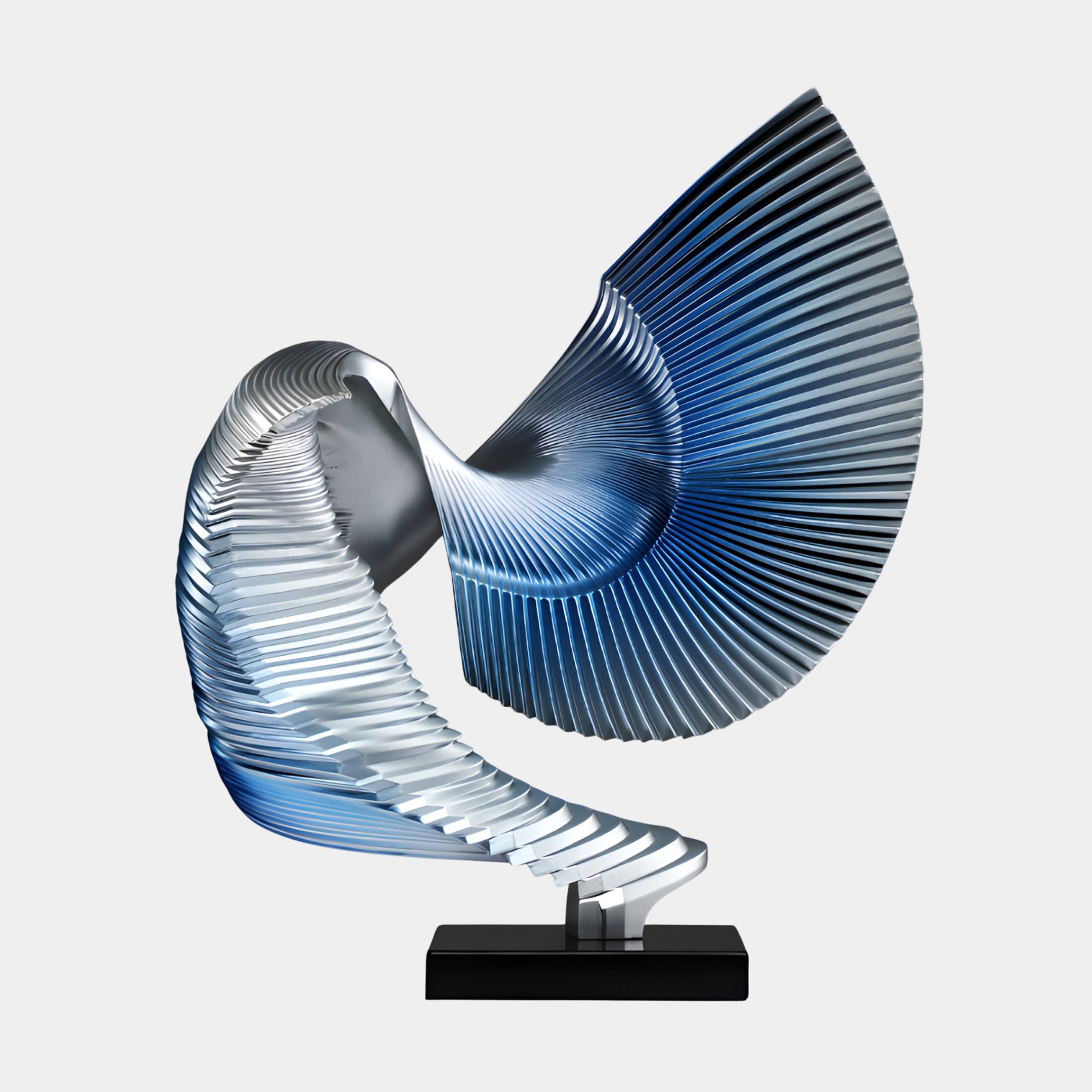 Blue and grey pleated fan wing sculpture by Giant Sculptures in 3D-printed resin, twisting in a ribbed metallic spiral on a black marble base.