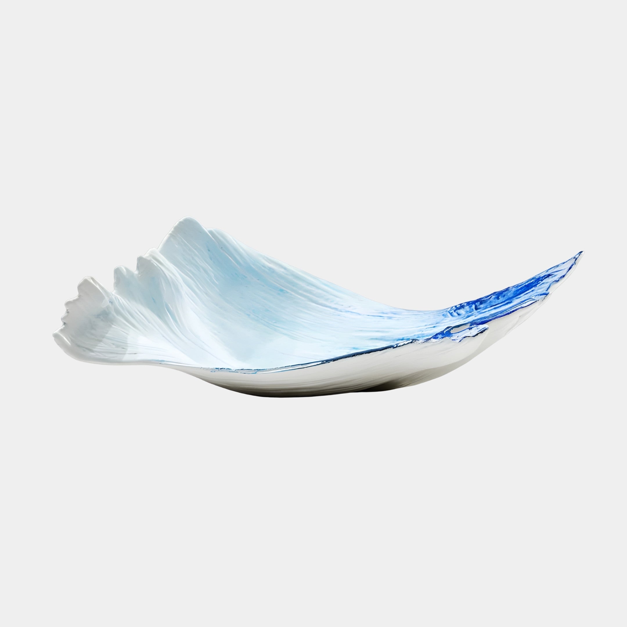 White and Blue Abstract Organic Leaf Dish from Giant Sculptures, a 35cm 3D-printed resin piece with curling crested edges and marbled blue streaks, on a white background.