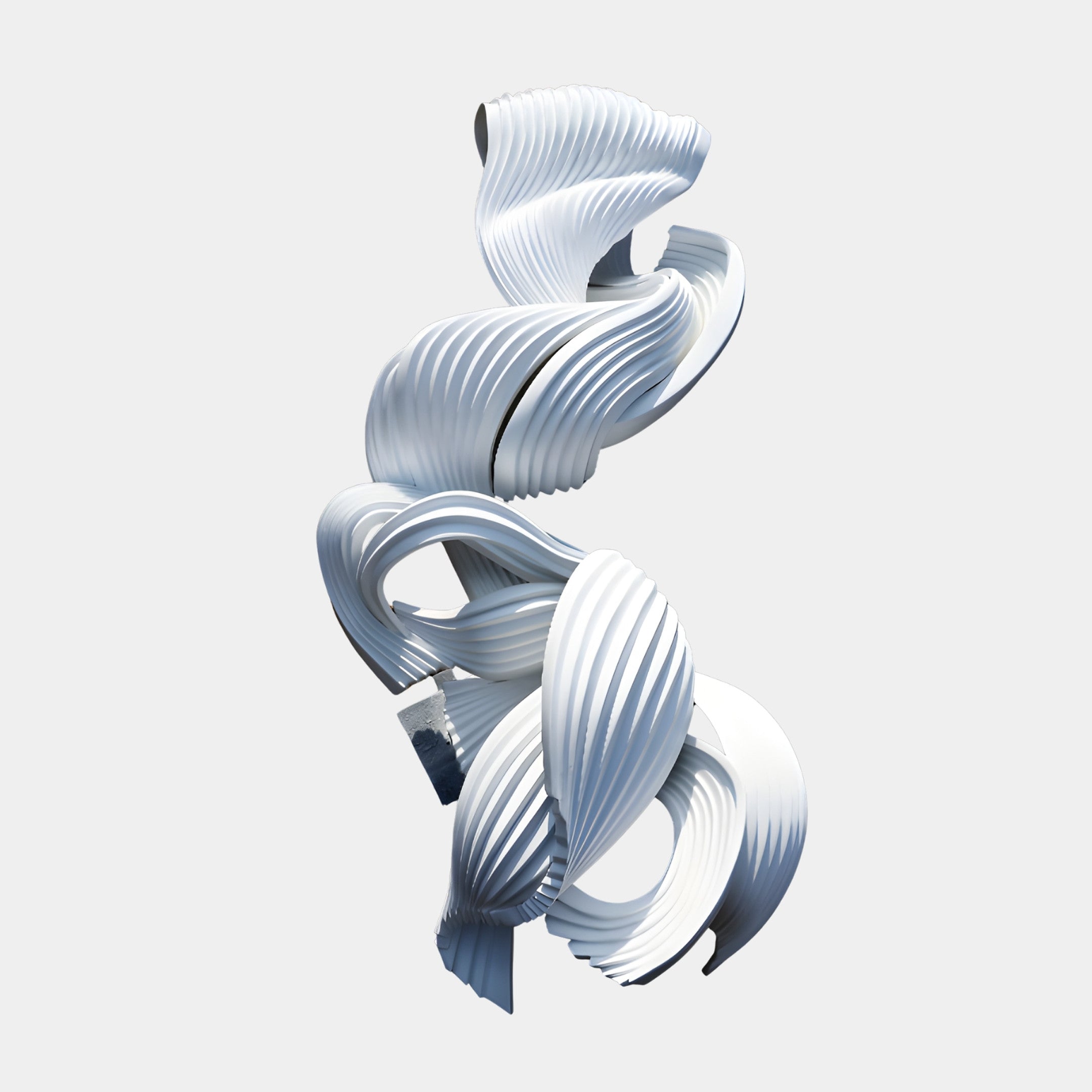 Giant Sculptures' 190cm White Pleated Abstract Spiral Column Sculpture in 3D-printed resin, with ribbed folds twisting up the tall form against a plain light background.