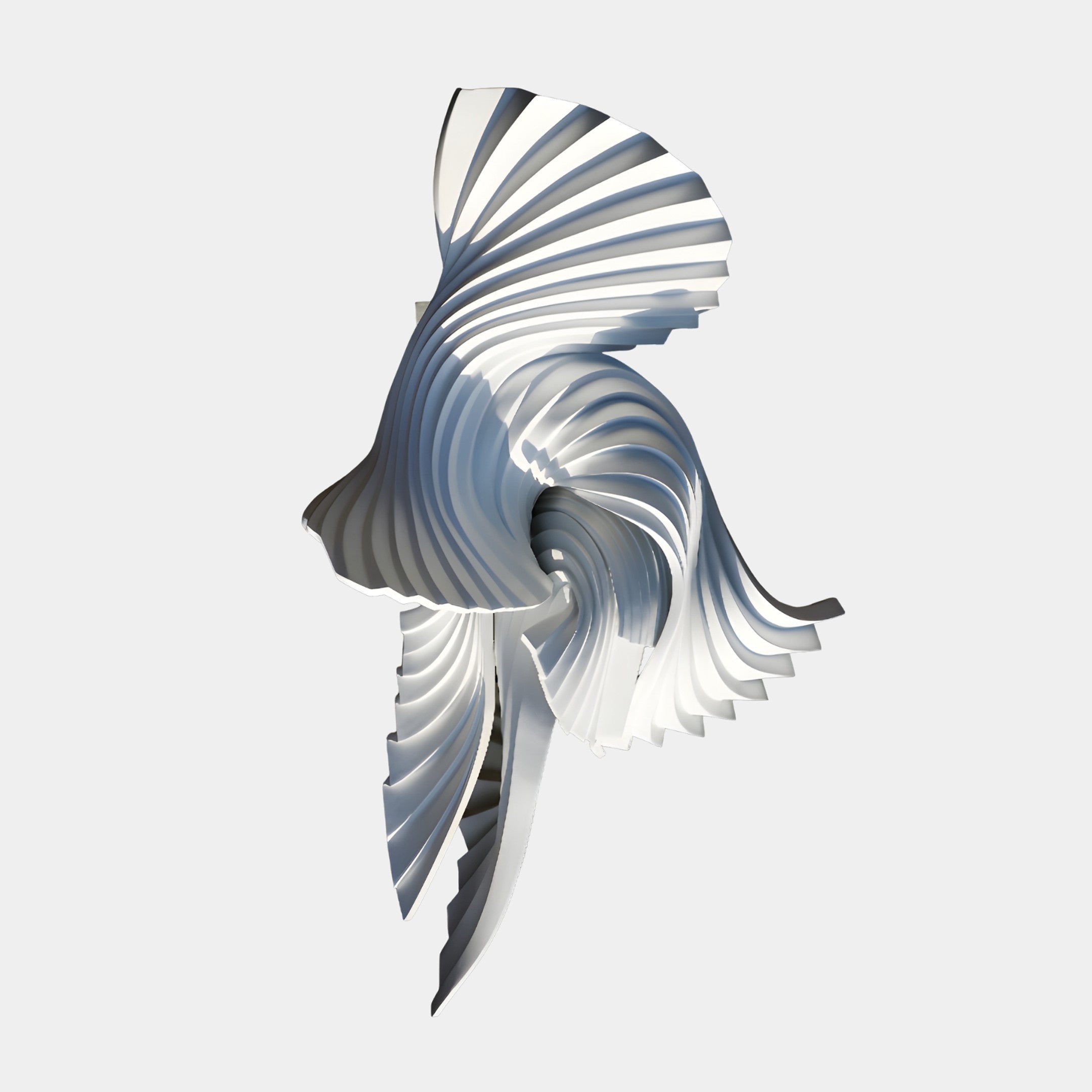 Giant Sculptures Blue & White Pleated Abstract Wing Sculpture 206cm, 3D-printed resin with ribbed pleats spiralling outward in blue-to-white, on a plain background.