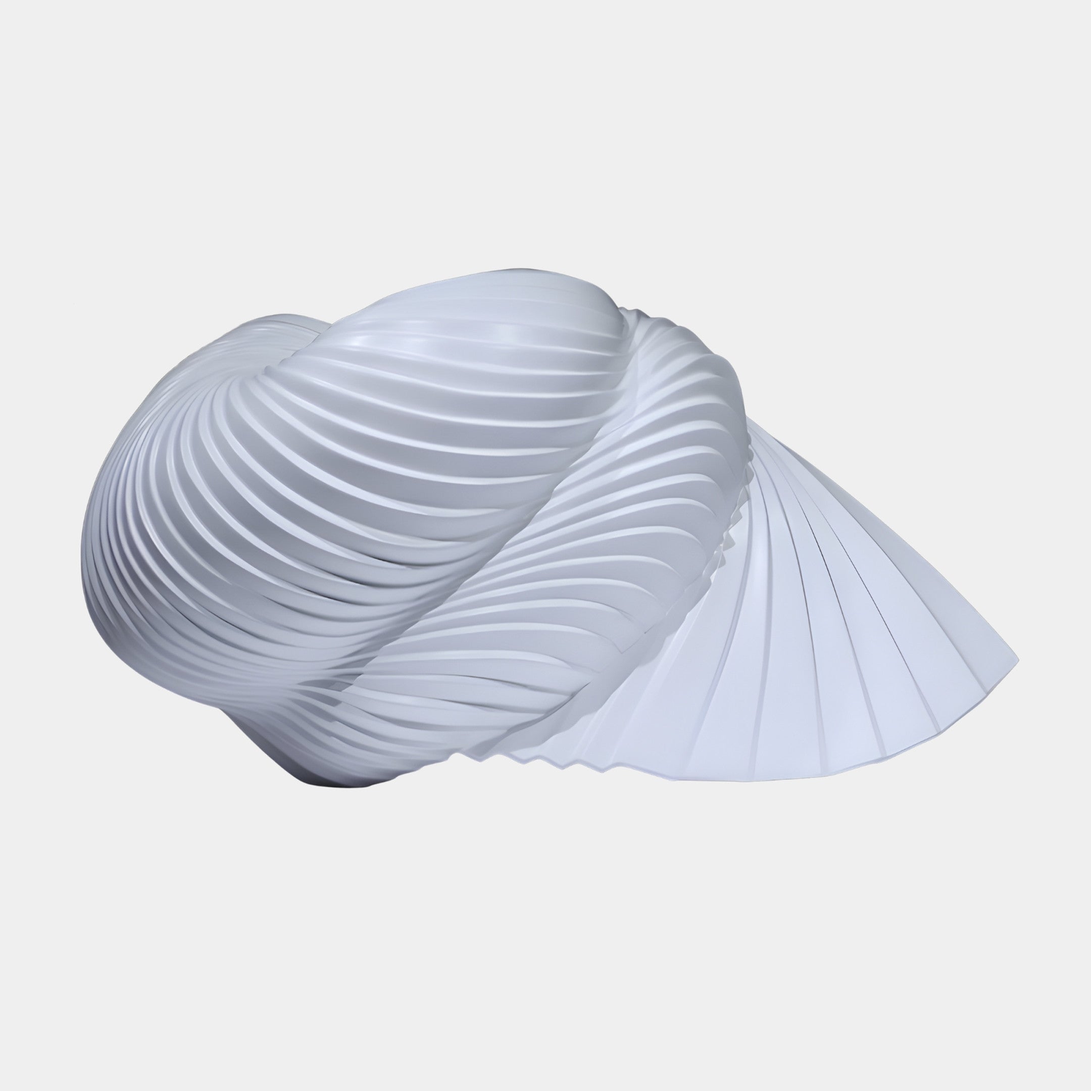 White Pleated Abstract Nautilus Shell Sculpture by Giant Sculptures, 76cm 3D-printed resin form with spiralling ribbed folds fanning at the rim, plain background.