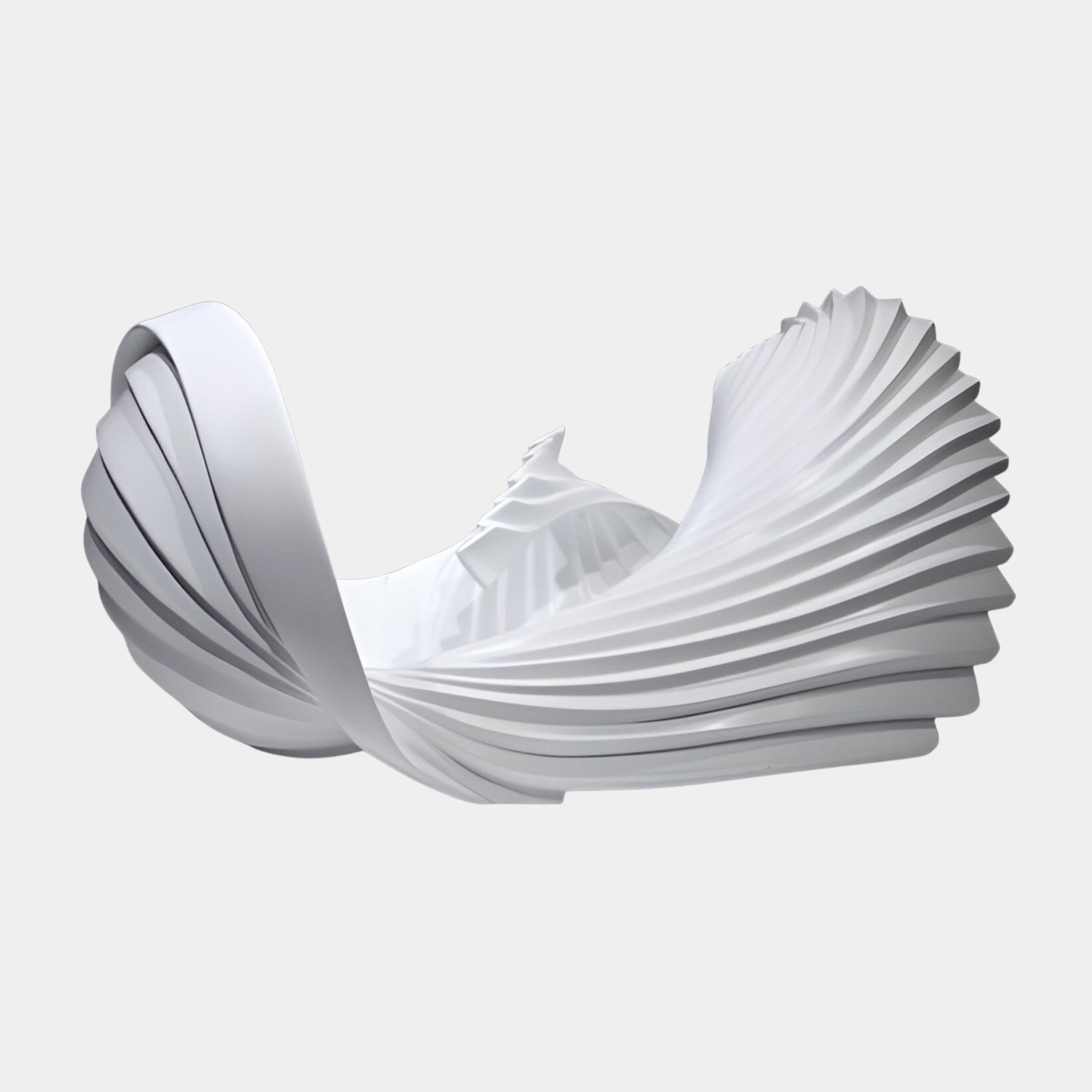 White Pleated Abstract Wing Sculpture by Giant Sculptures, a 3D-printed resin piece with finely ribbed, fanning wing forms curling inward against a plain white background.
