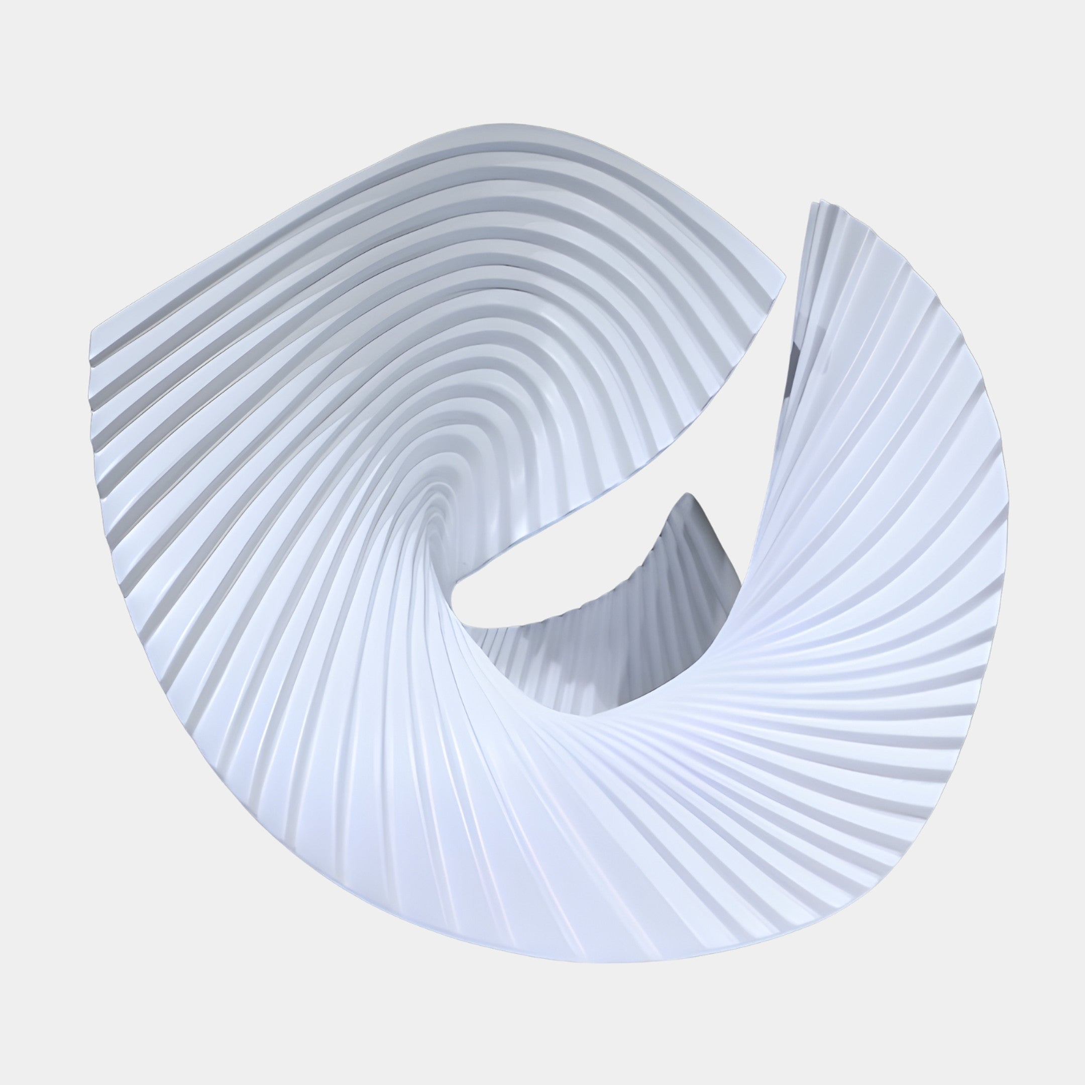 Giant Sculptures White Pleated Spiral Loop Sculpture in 3D-printed resin, twisting ribbed folds forming a looping swirl viewed from above on a white background.