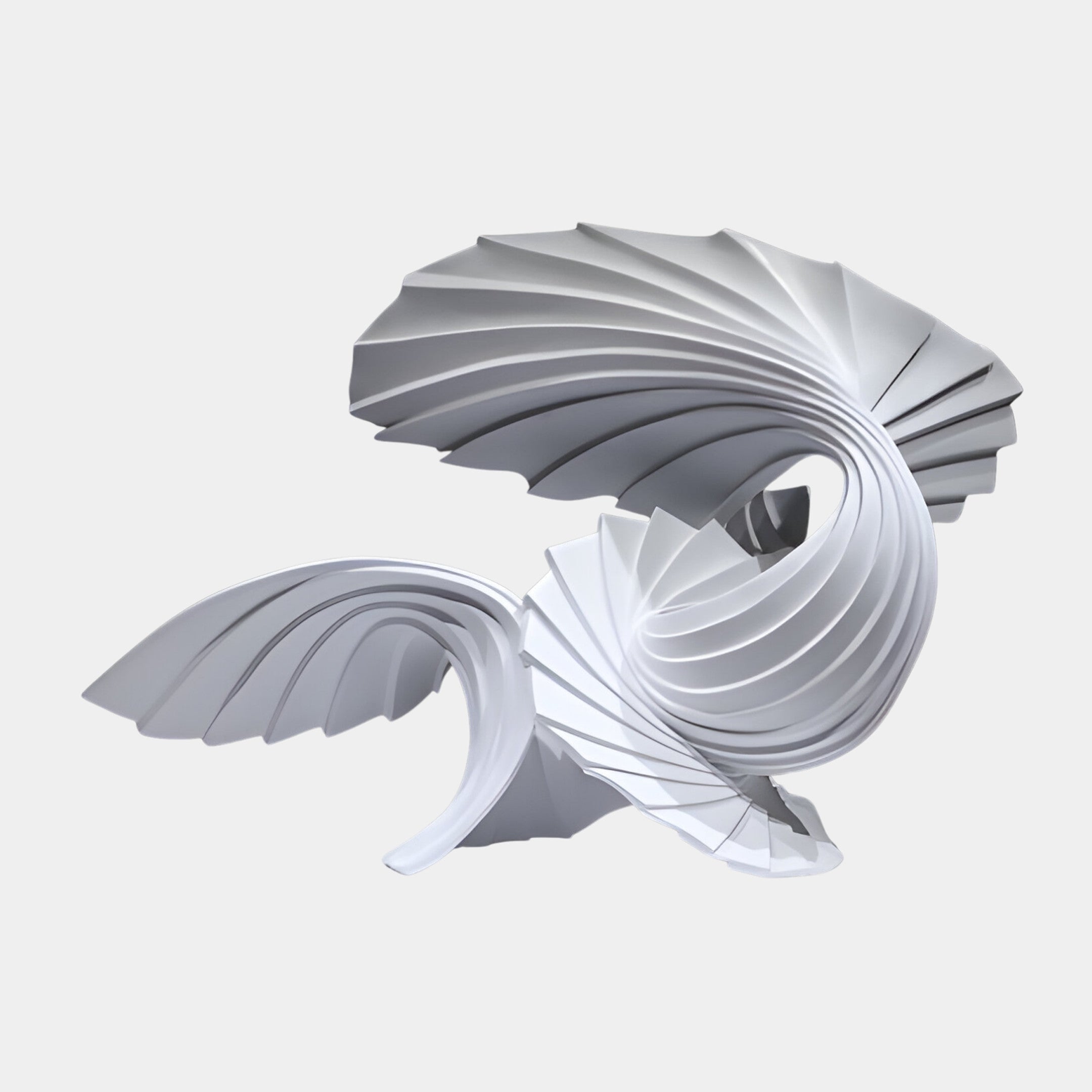White Pleated Spiral Wing Sculpture by Giant Sculptures, a 120cm 3D-printed resin piece with fanned, ribbed wings spiralling in mid-flight on a plain background.
