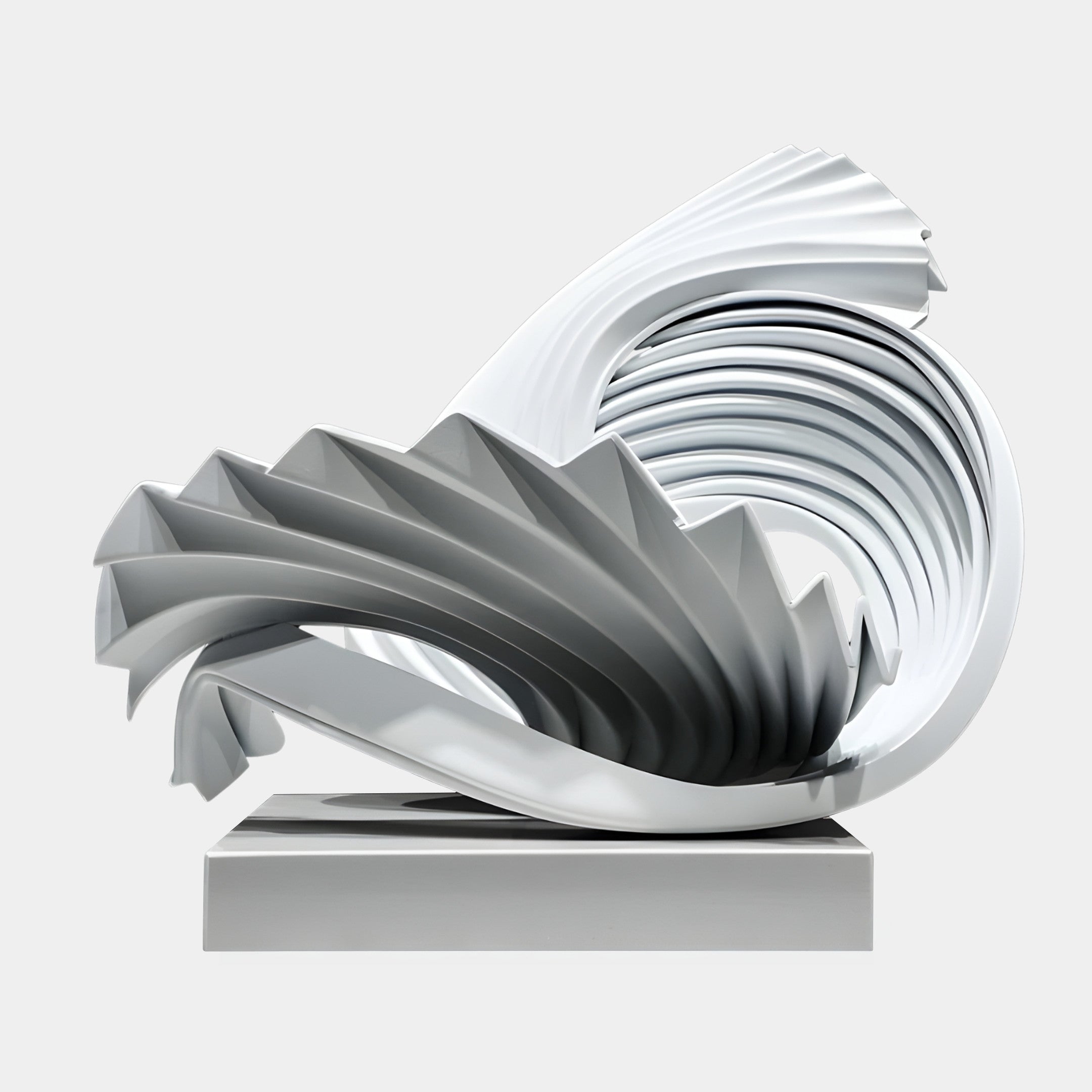White Pleated Dynamic Wave Sculpture by Giant Sculptures, a 53cm 3D-printed resin piece with fanned ribbed pleats cresting like a wave on a marble base.