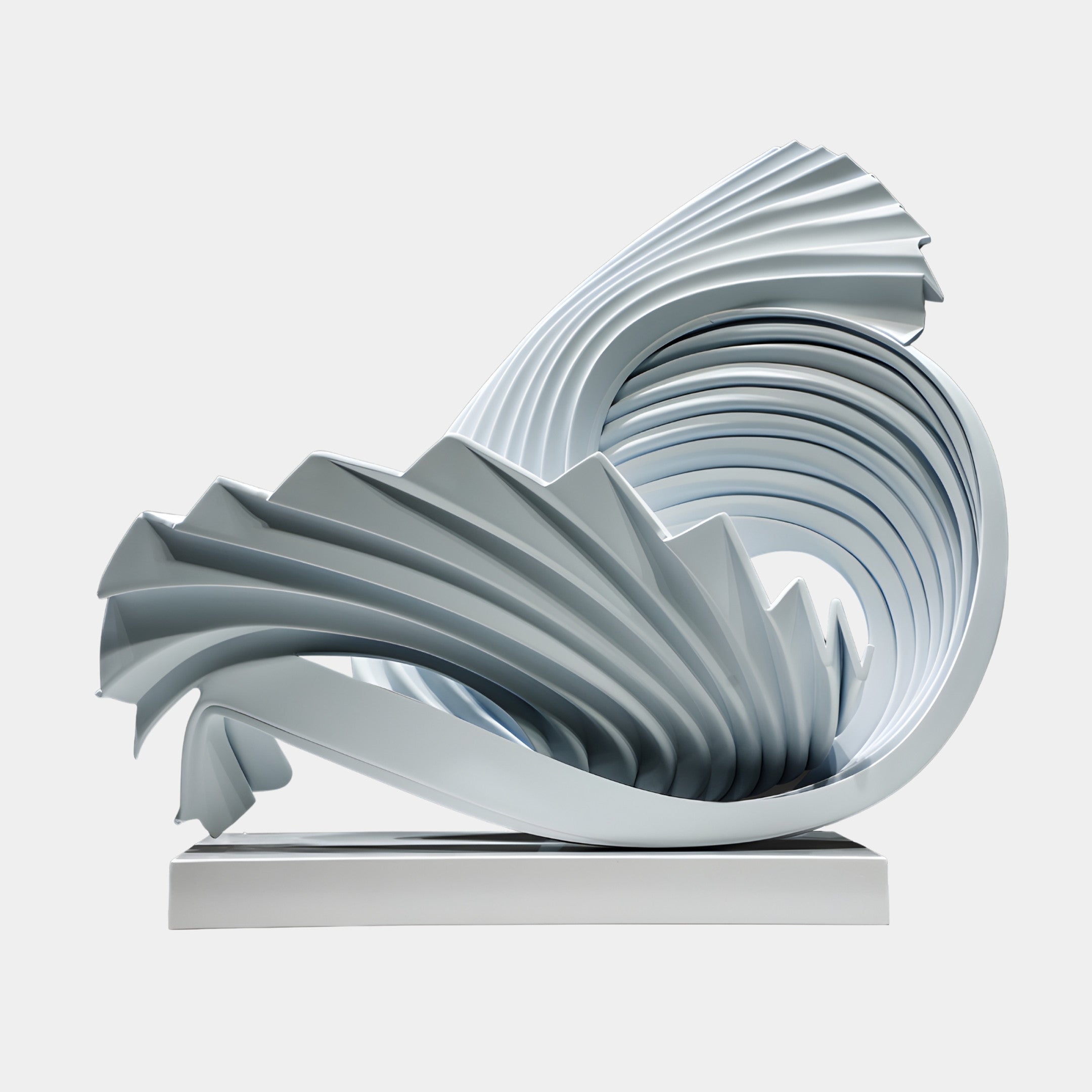 White Pleated Swooping Form Sculpture by Giant Sculptures, 90cm, with ribbed fan-like pleats curling in a dynamic arc on a marble base against a plain background.