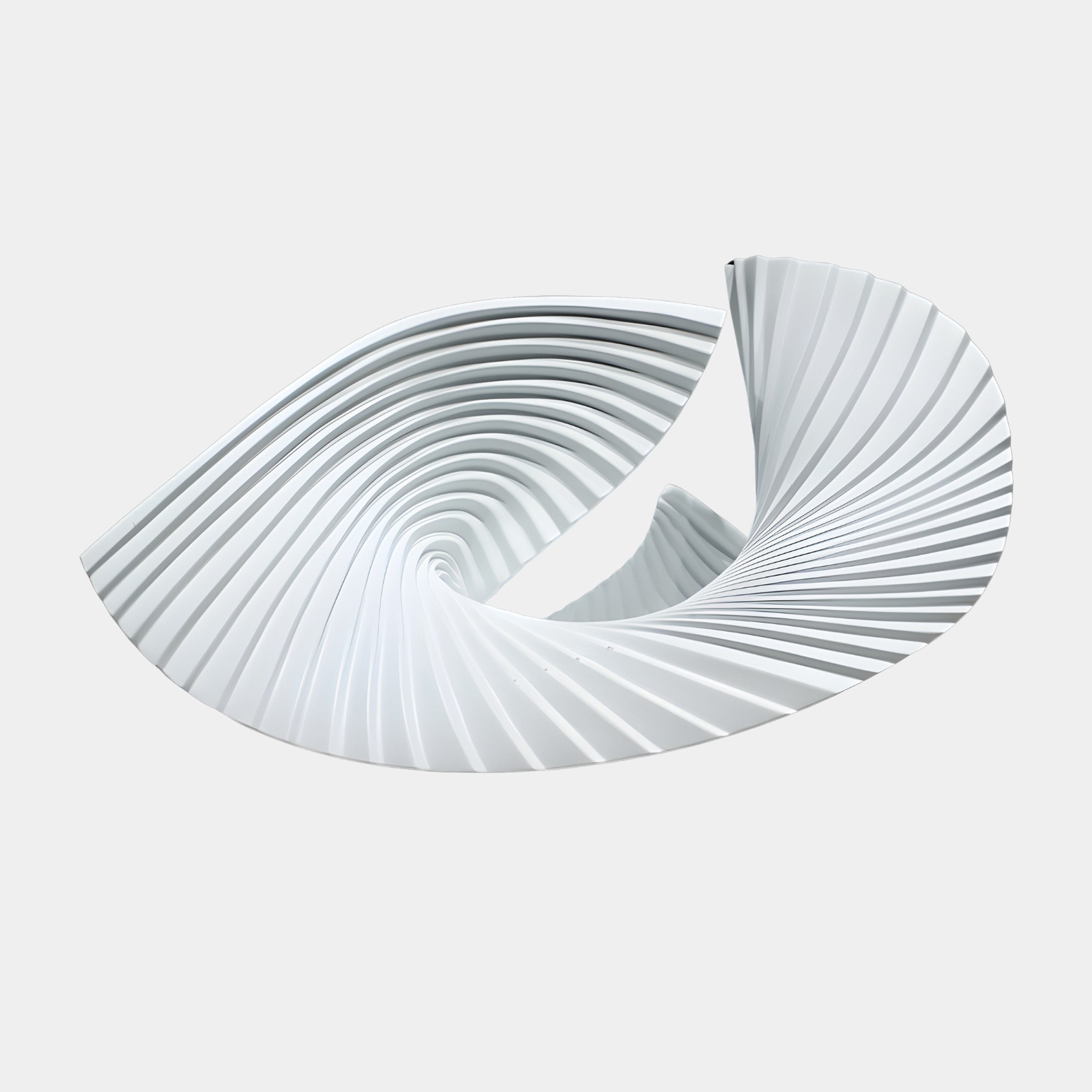 Giant Sculptures White Pleated Swirling Form Sculpture 65cm in fibreglass, with ribbed pleats spiralling into a deep central swirl, shown on a plain background.