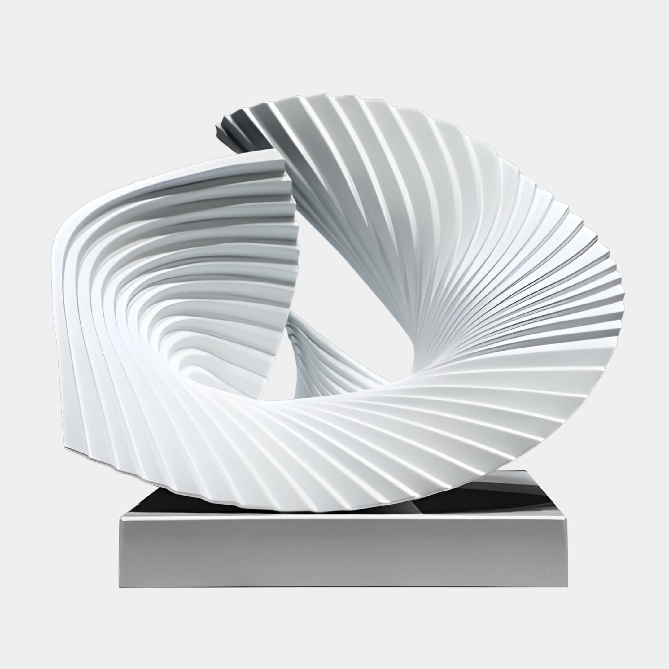 White Pleated Curling Wave Sculpture by Giant Sculptures, 43cm, featuring ribbed 3D-printed resin forms spiralling like a breaking wave on a marble base.
