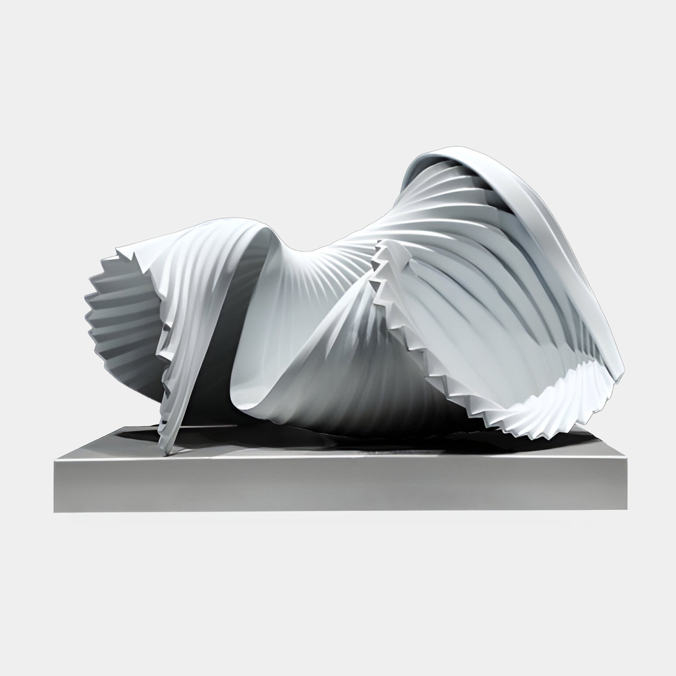 White Pleated Reclining Form Sculpture by Giant Sculptures, 32cm 3D-printed resin piece with ribbed wave-like curves on a marble base, shown on a plain background.