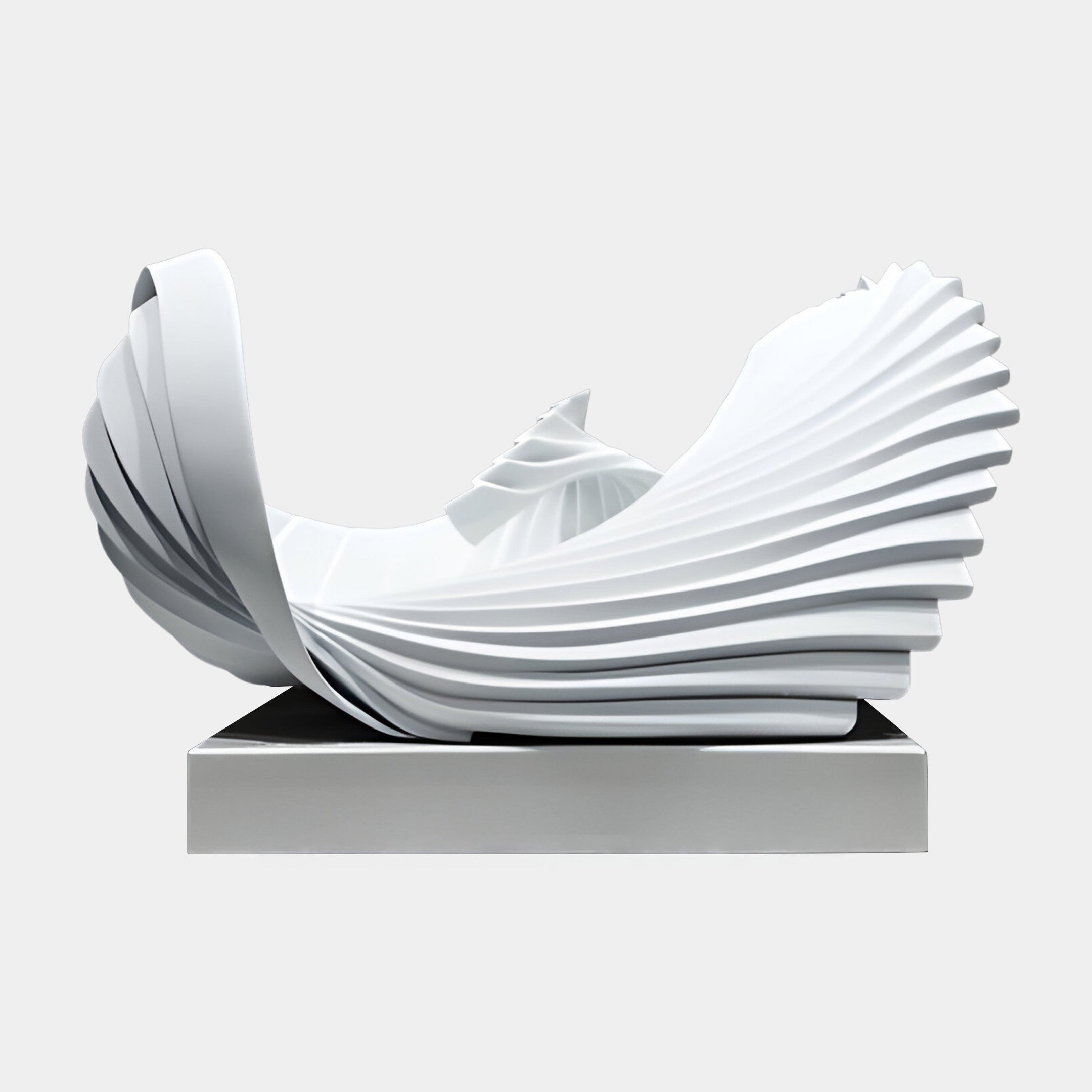 White Pleated Flowing Drape Sculpture by Giant Sculptures, 56cm, 3D-printed resin with finely ribbed cascading folds on a sleek base, shown on a plain background.