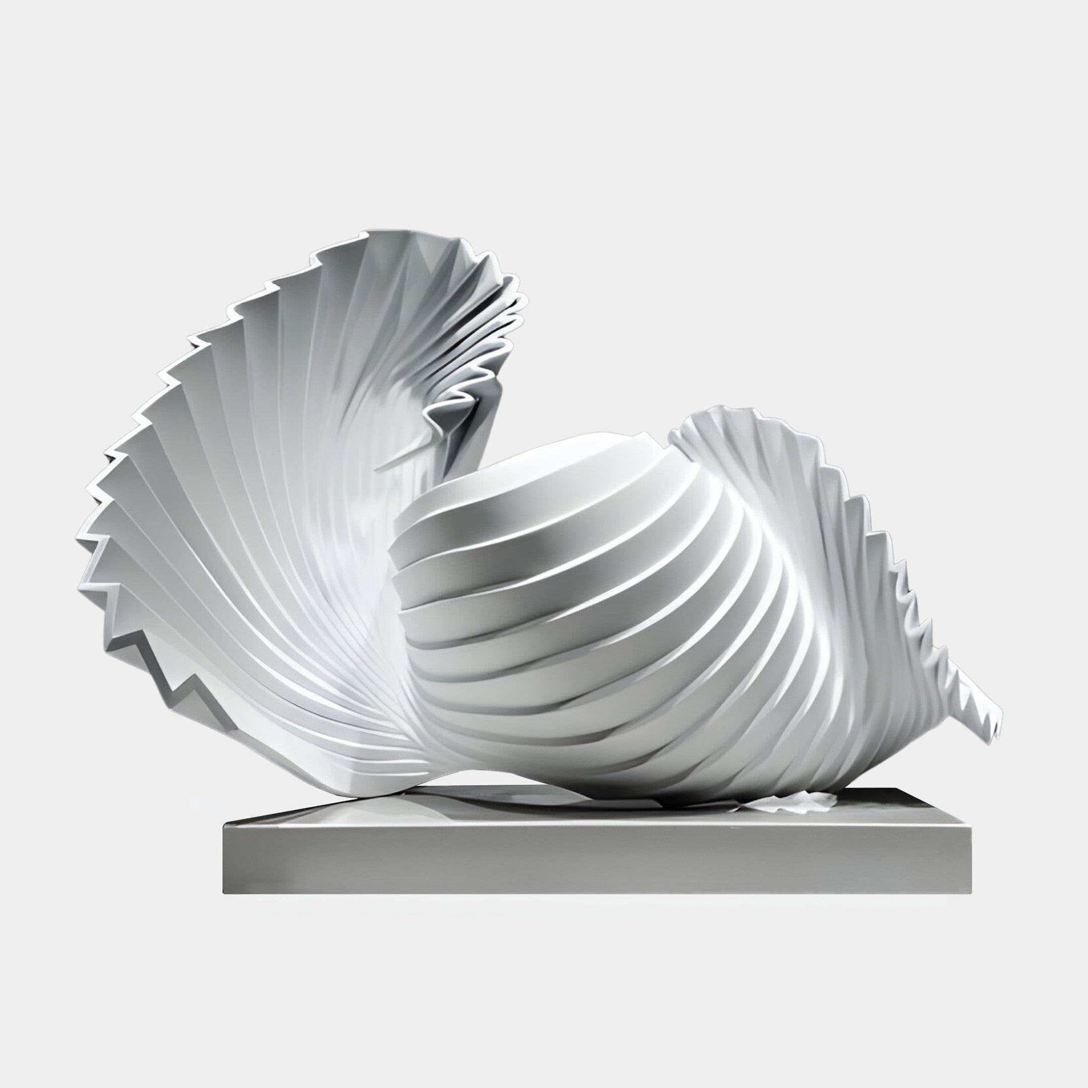 White Pleated Spiral Shell Sculpture by Giant Sculptures, 79cm, featuring two fanned accordion-folded shell forms in 3D-printed resin on a marble base, plain background.