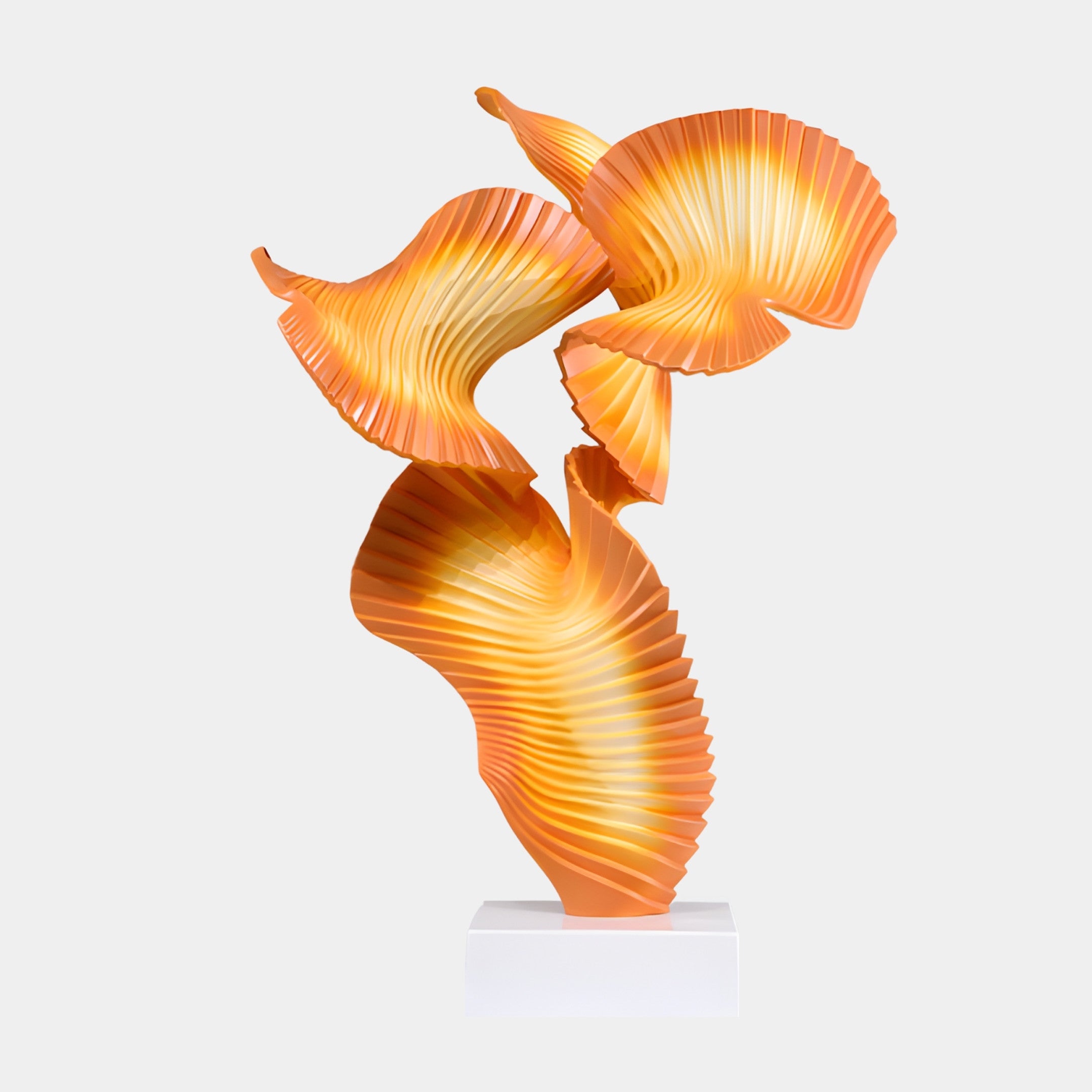 Orange Pleated Intertwined Ribbons Sculpture by Giant Sculptures in 3D-printed resin with fanned, seashell-like folds, set on a white marble base against a plain background.