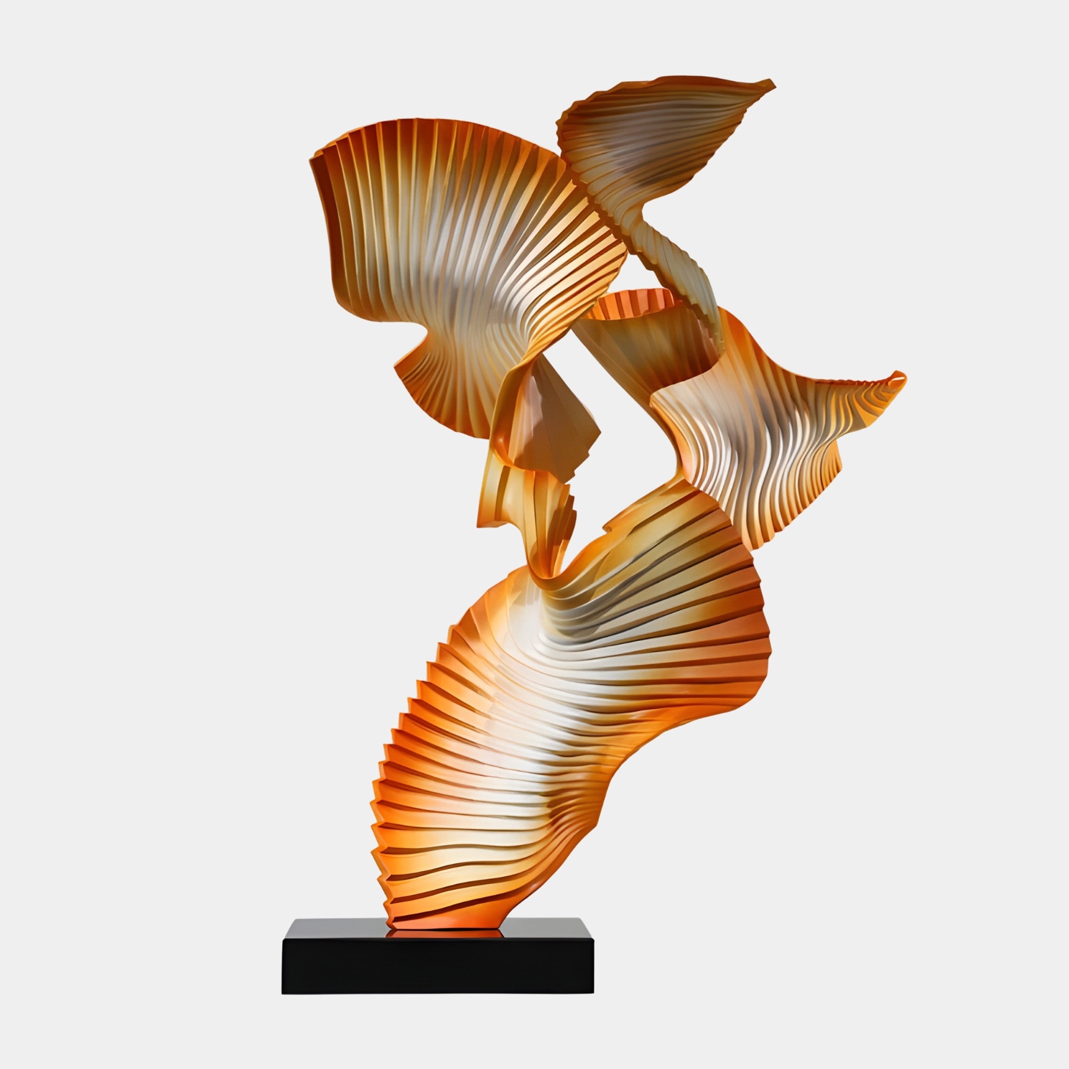 Orange Pleated Flowing Butterfly Sculpture by Giant Sculptures, 104cm tall 3D-printed resin piece with ribbed fan-like wings on a black marble base.