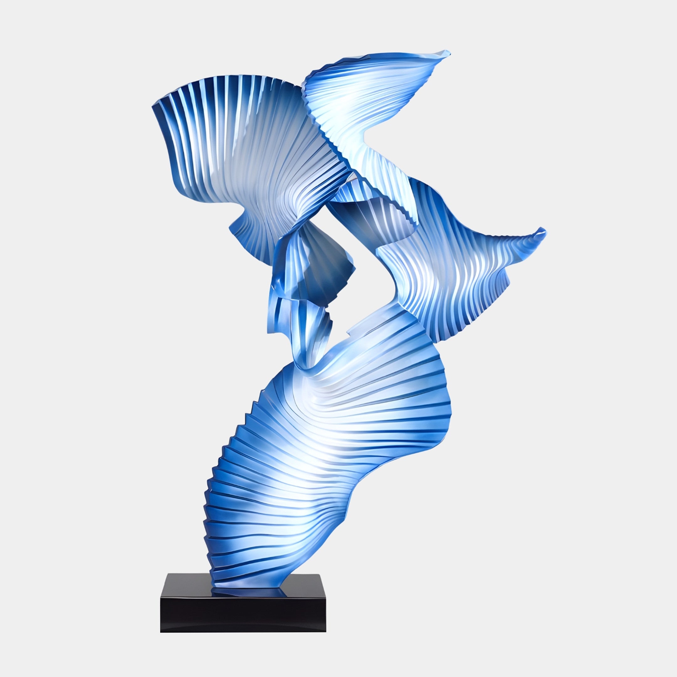 Giant Sculptures Sky Blue Pleated Abstract Flowing Form Sculpture in 3D-printed resin, with fan-like ribbons swirling upward on a black base against white.