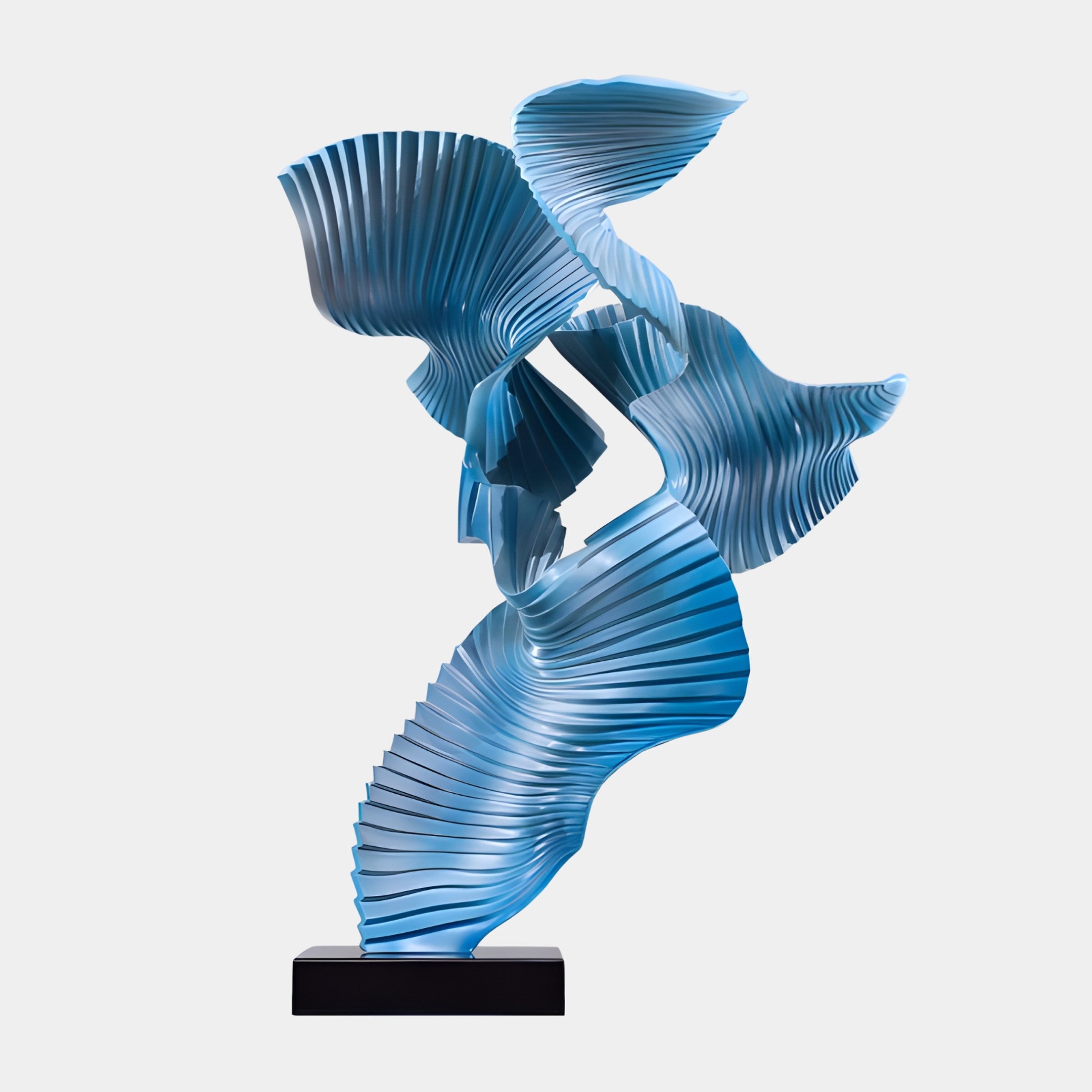 Blue Pleated Abstract Flowing Form Sculpture by Giant Sculptures, 104cm, with twisting fan-like ribbons in 3D-printed resin on a black base against a white background.