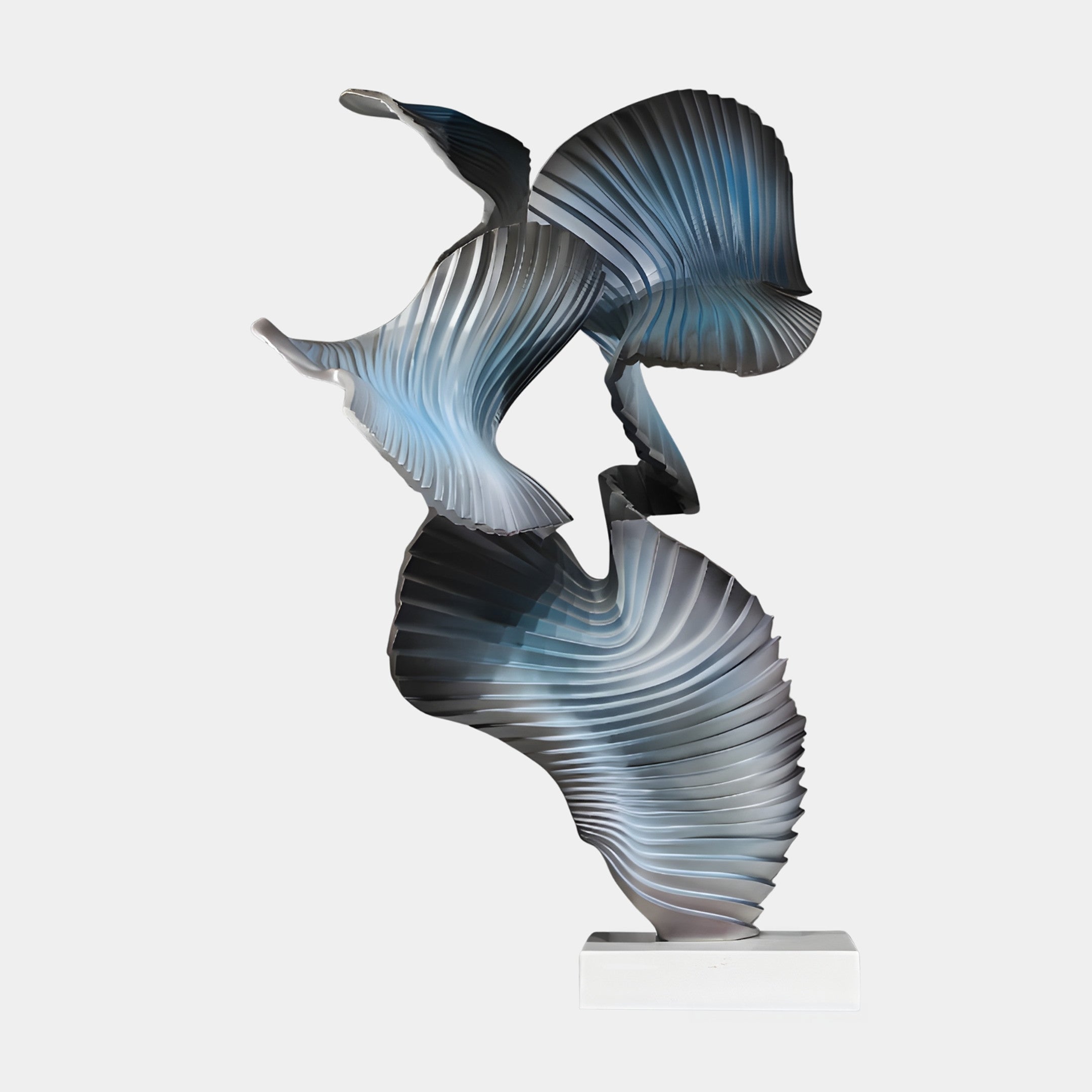 Giant Sculptures Grey Blue Pleated Abstract Flowing Form Sculpture in 3D-printed resin with twisting fan-like ribbons on a white marble base, plain background.