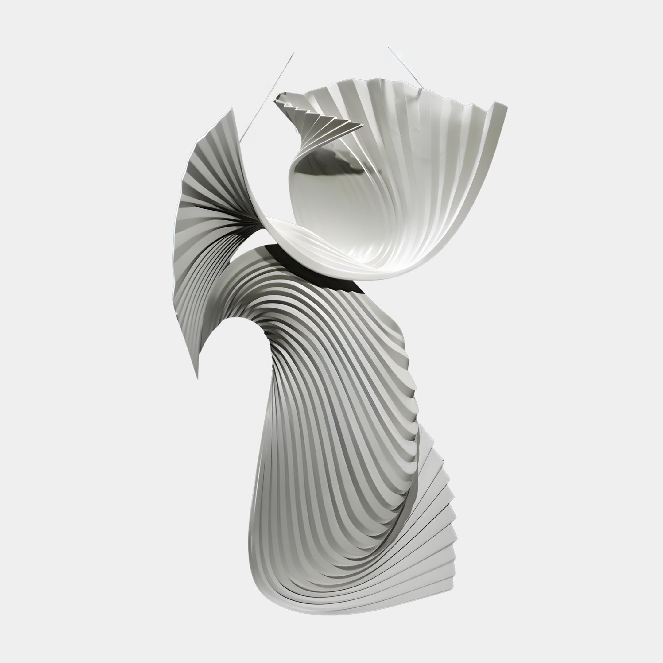 Giant Sculptures' 115cm White Pleated Hanging Pendant Sculpture in 3D-printed resin, its ribbed form twisting like furled fabric, suspended against a white background.