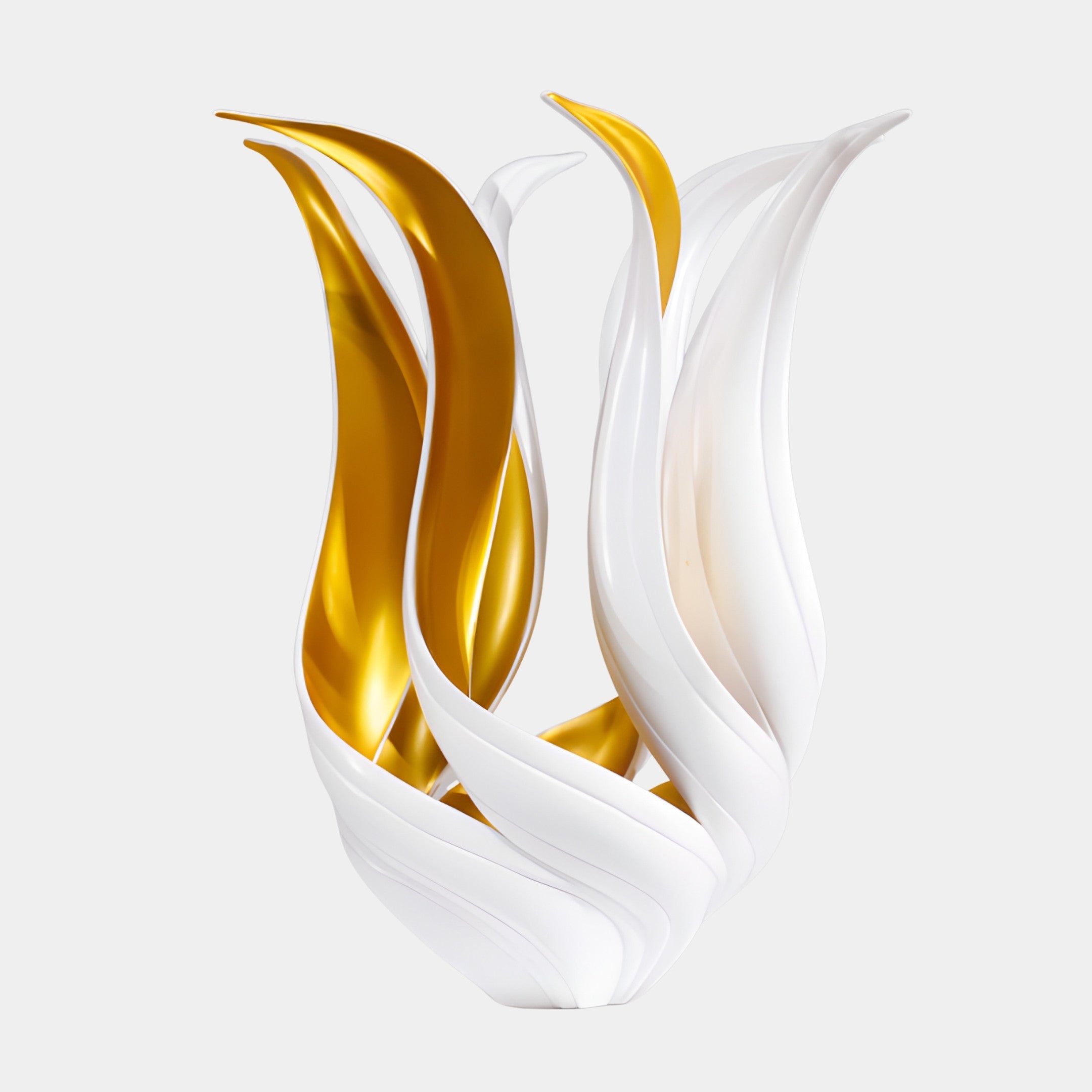 Gold Abstract Flame Pair Sculpture by Giant Sculptures, 45cm, twin pleated flame forms with white exteriors and glowing gold interiors on a plain background.