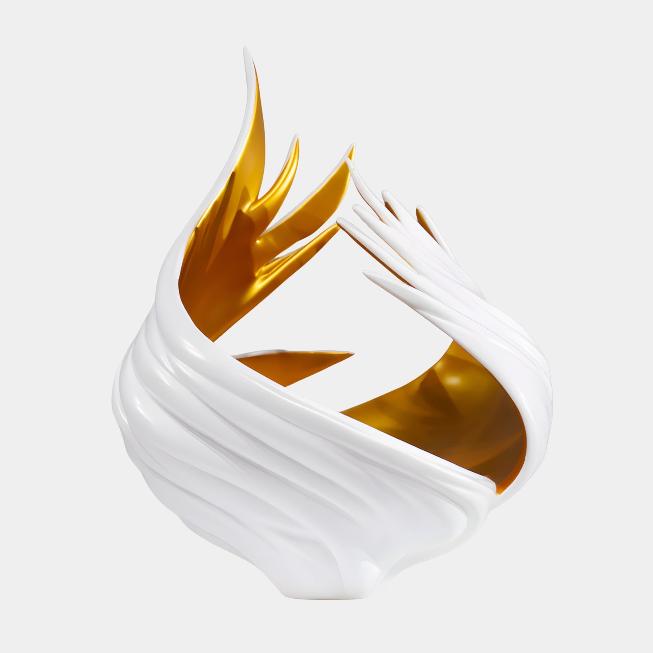 Giant Sculptures Gold and White Abstract Flame Sculpture 47cm in 3D-printed resin, with pleated white petals curling upward to reveal a golden interior.