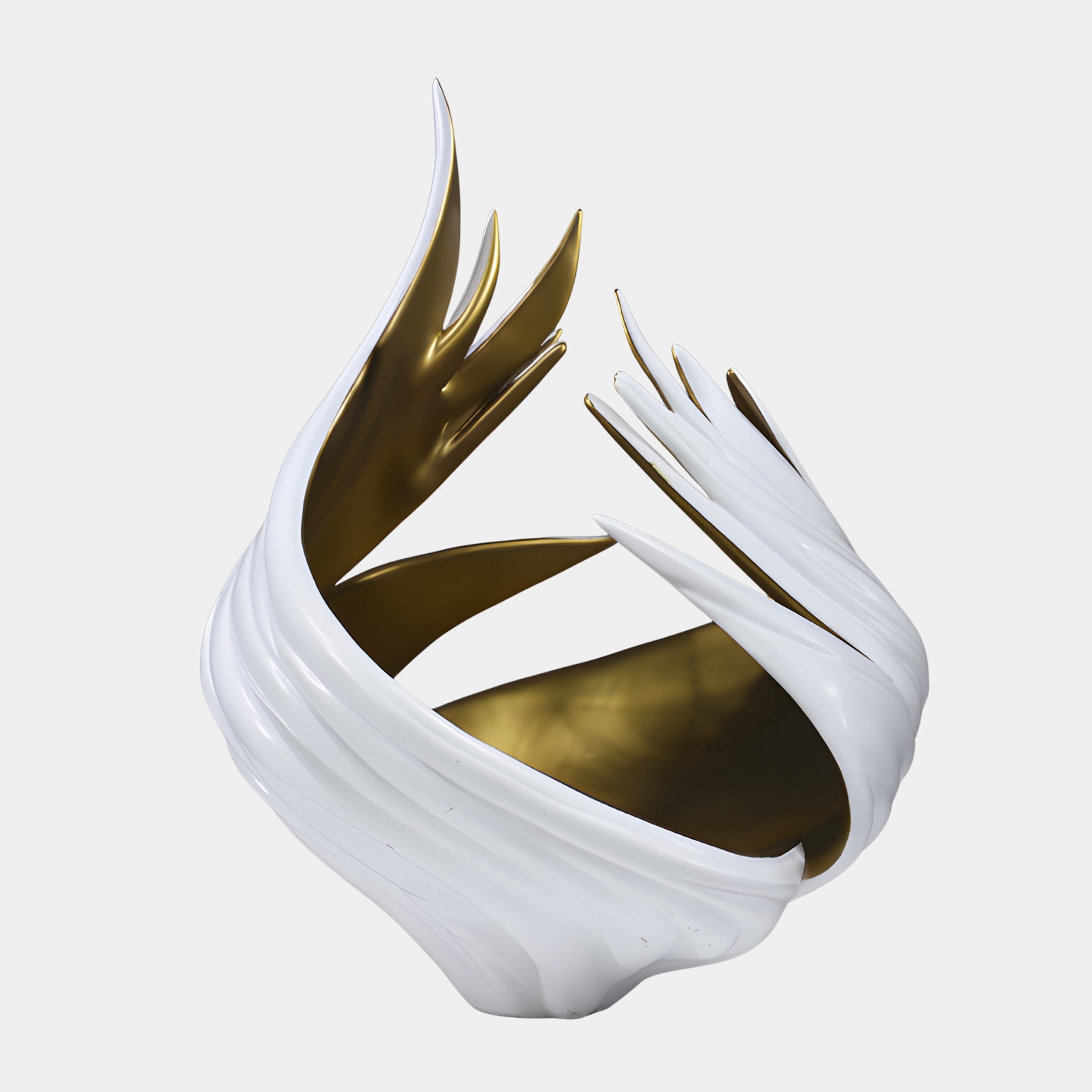 White and Gold Abstract Open Crown Flame Sculpture by Giant Sculptures, 47cm, with peeling white petals revealing a gold interior, shown on a plain background.
