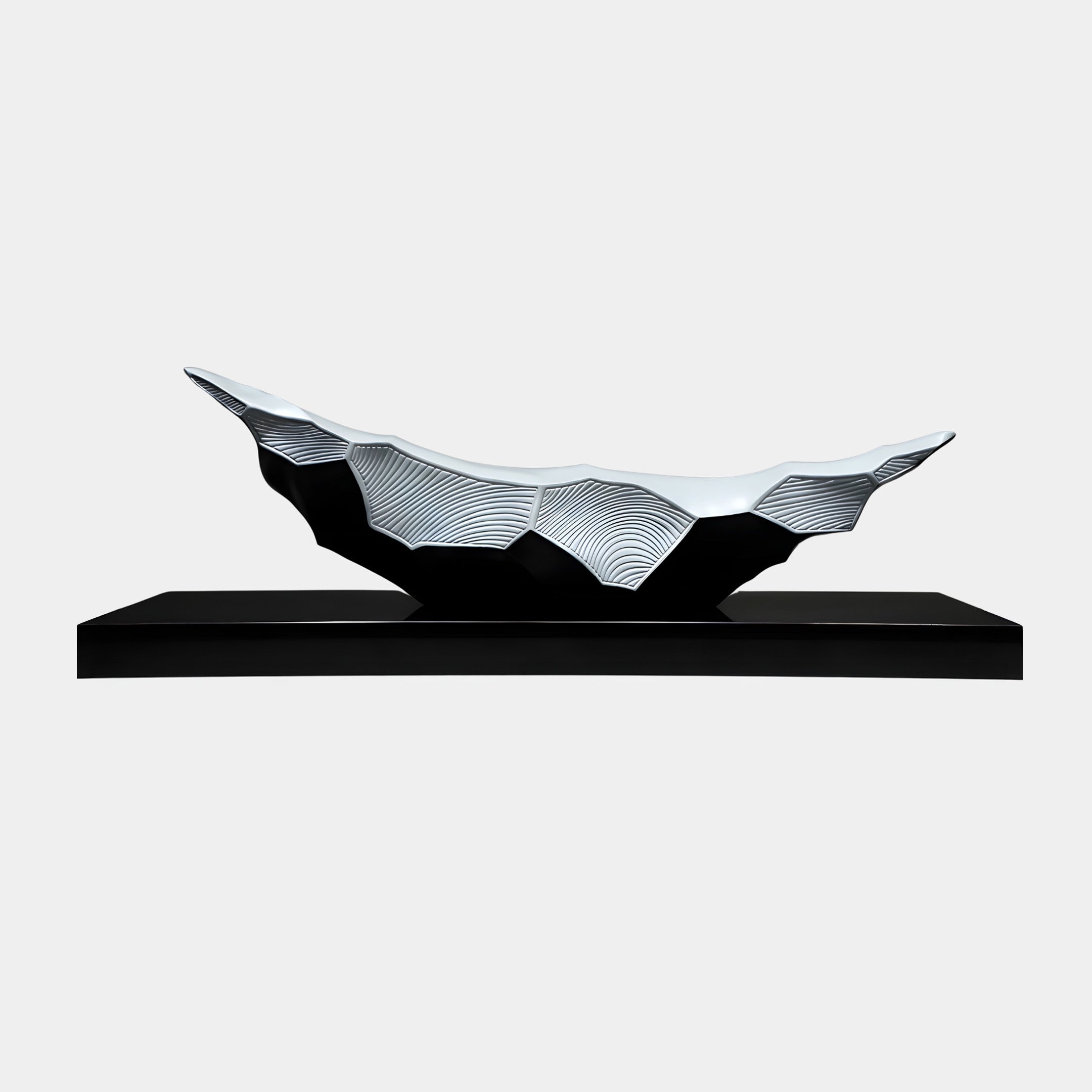 Giant Sculptures Black & White Abstract Crested Boat Sculpture 100cm in 3D-printed resin with fan-patterned interior on a black marble base, plain background.