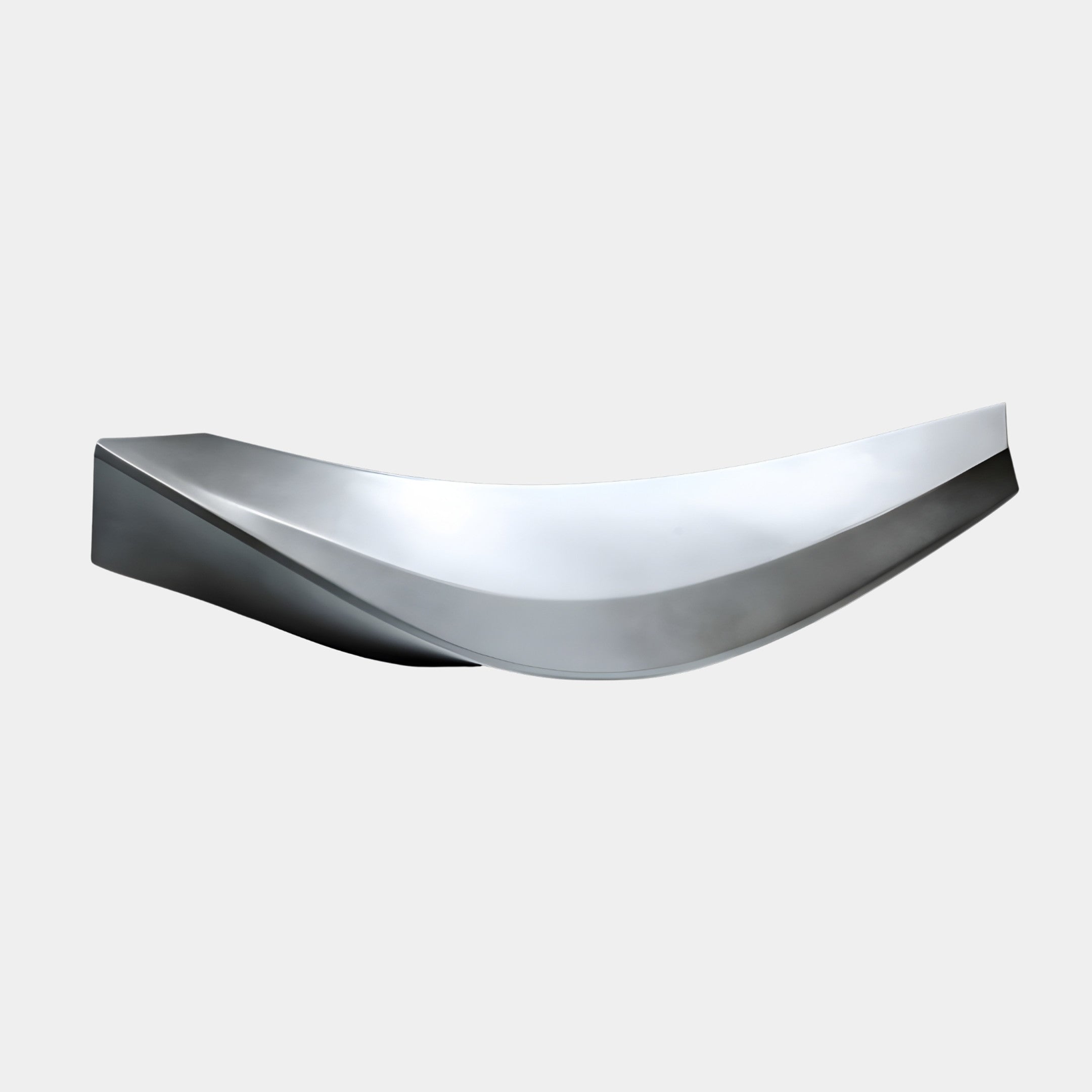 Giant Sculptures Silver Abstract Leaf Tray 69cm in chrome-silver 3D-printed resin, shown side-on with its curved boat-like profile against a plain light background.