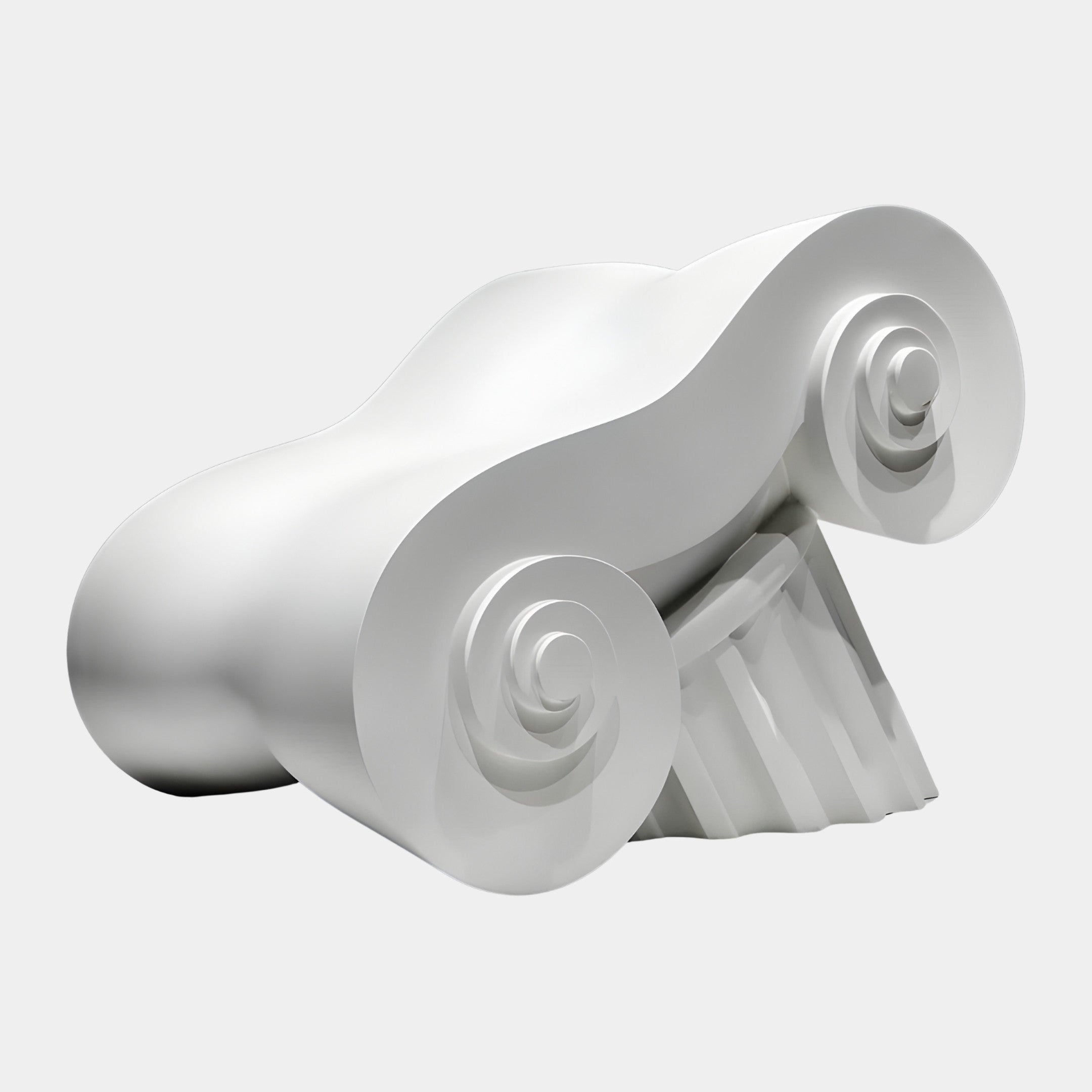 White Abstract Scroll Form Sculpture by Giant Sculptures, a 72cm 3D-printed resin Ionic capital with twin volute spirals and fluted detail, on a plain background.