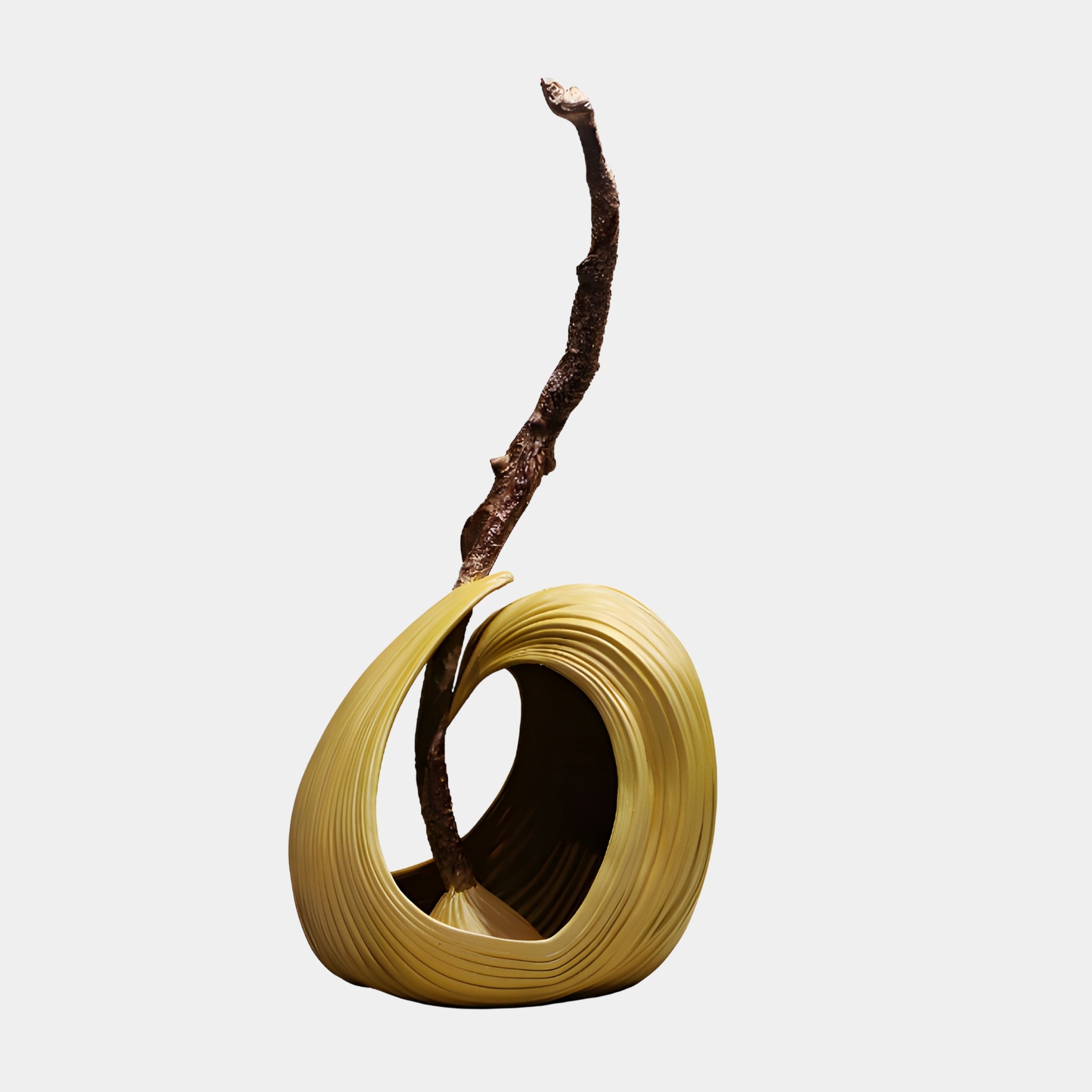 Bronze Abstract Branch with Gold Ring Sculpture by Giant Sculptures, featuring a tall textured branch rising from a ribbed golden coiled ring, on a white background.