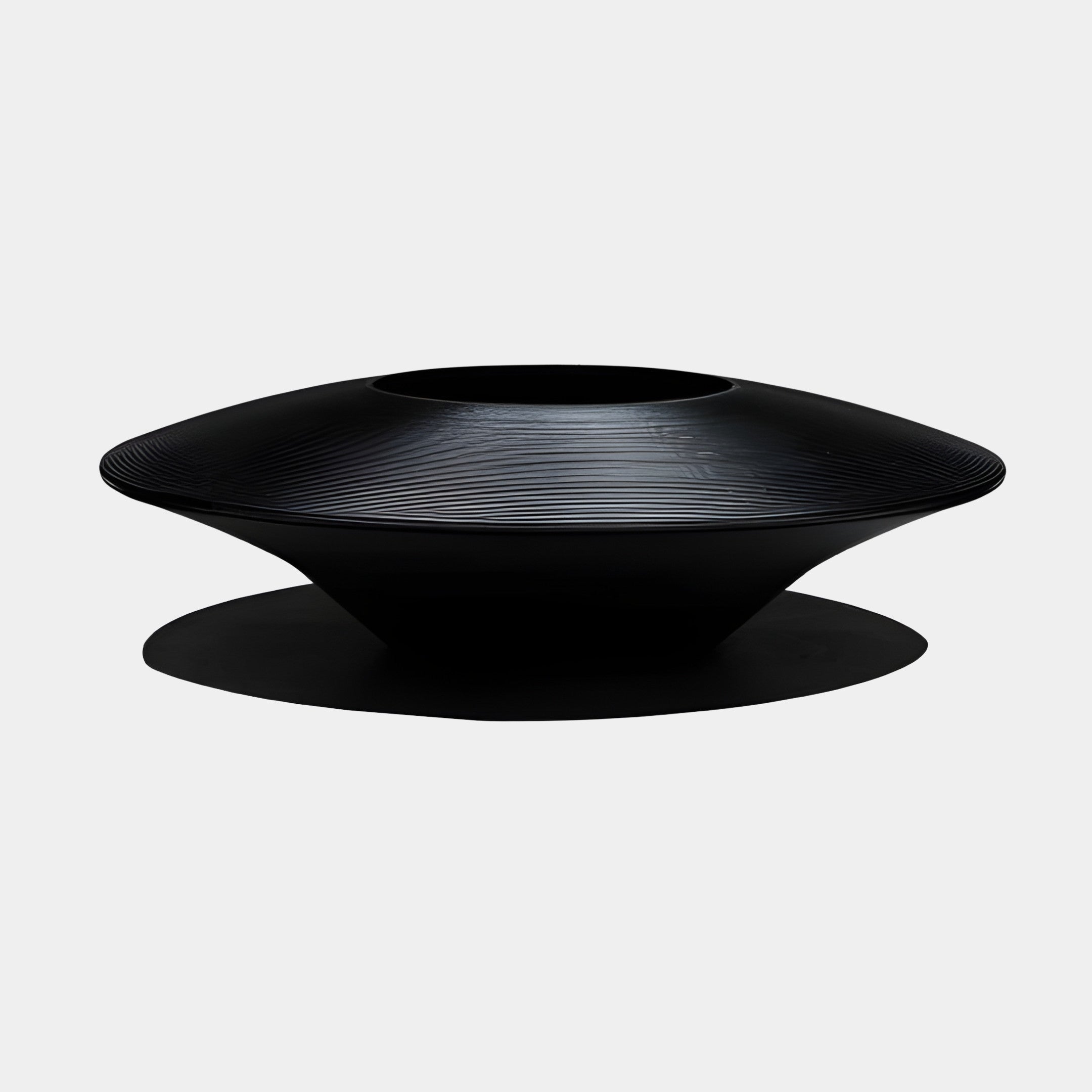 Giant Sculptures Black Wide Shallow Bowl 50cm in glossy 3D-printed resin, with a ridged upper surface tapering to a small central opening, on a plain background.