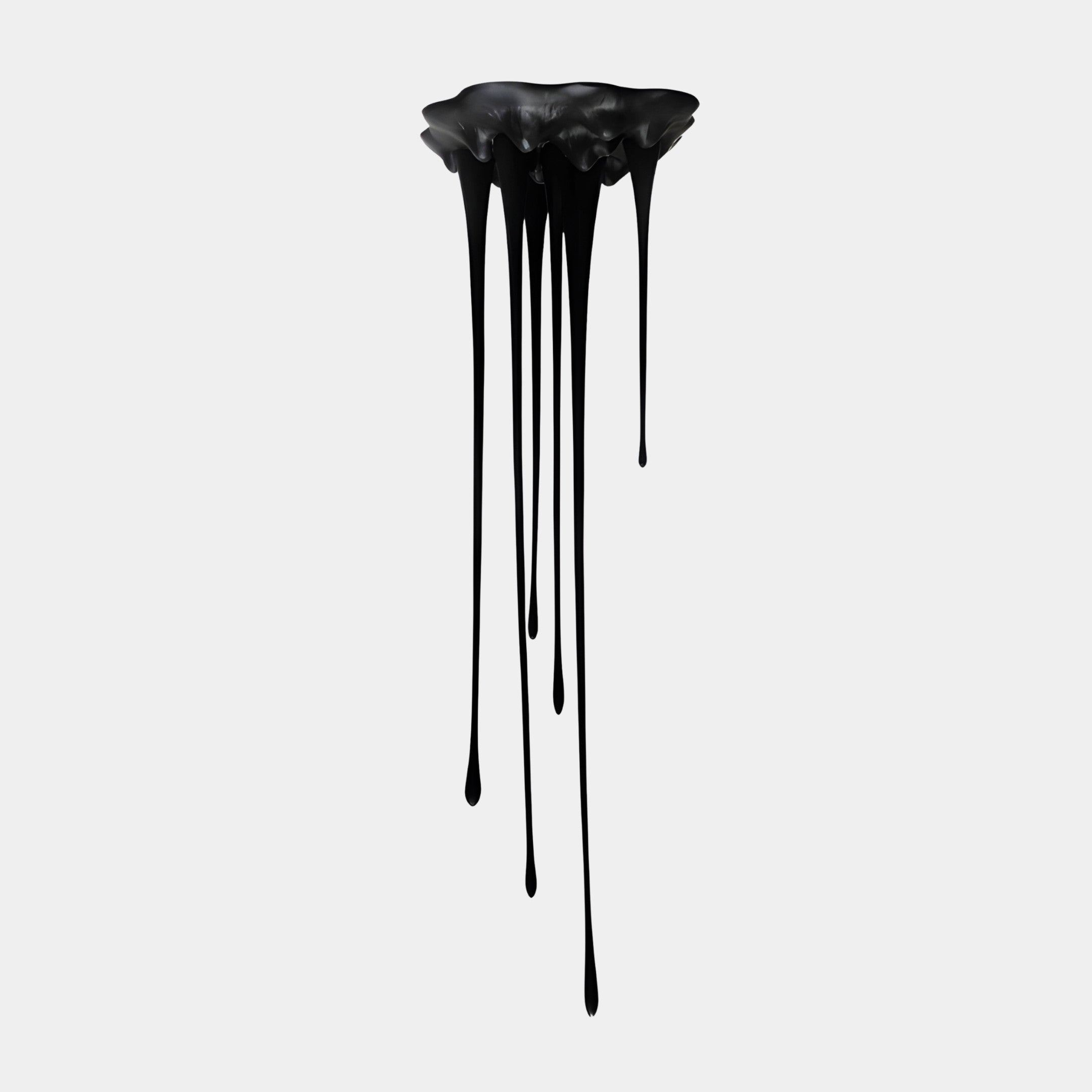 Giant Sculptures' Black Abstract Dripping Paint Ceiling Sculpture in glossy 3D-printed resin, with a splattered pool top trailing long tendrils downward on a light background.