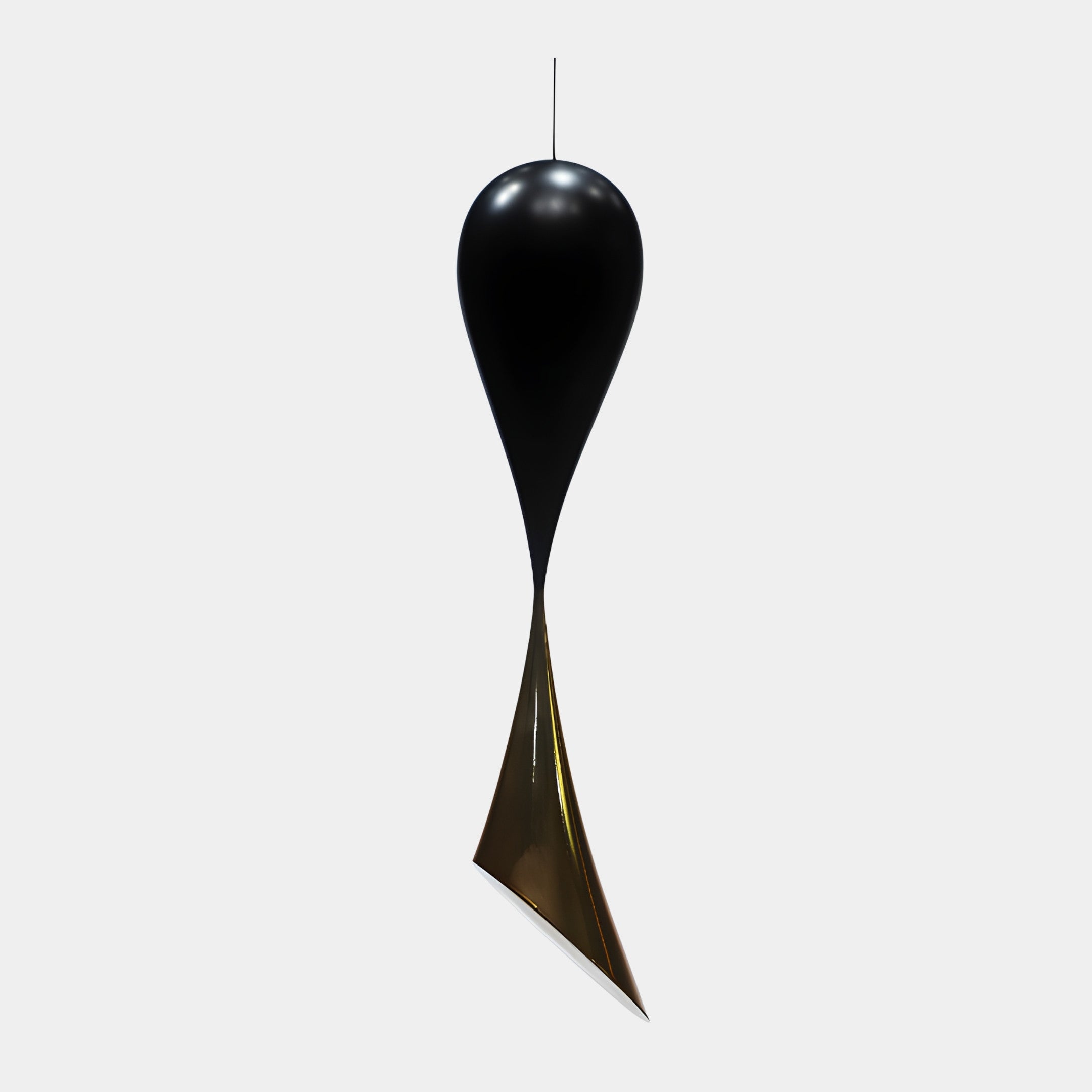 Giant Sculptures Black & Gold Abstract Hanging Teardrop Pendant 58cm with glossy black rounded top tapering into a twisted gold tail, on a plain background.