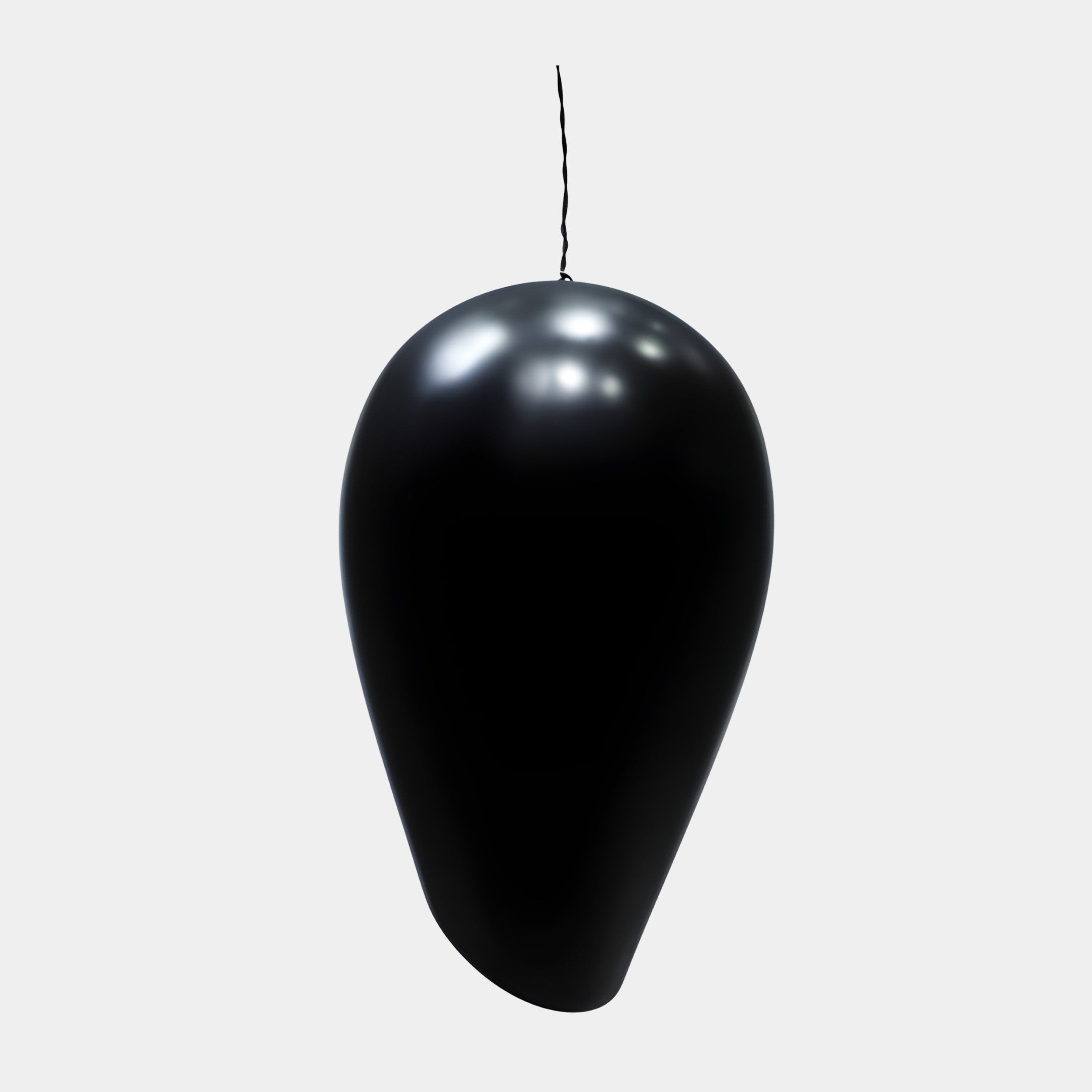 Giant Sculptures Black Abstract Hanging Teardrop Pendant 42cm in glossy 3D-printed resin, suspended from a slender thread against a plain light background.