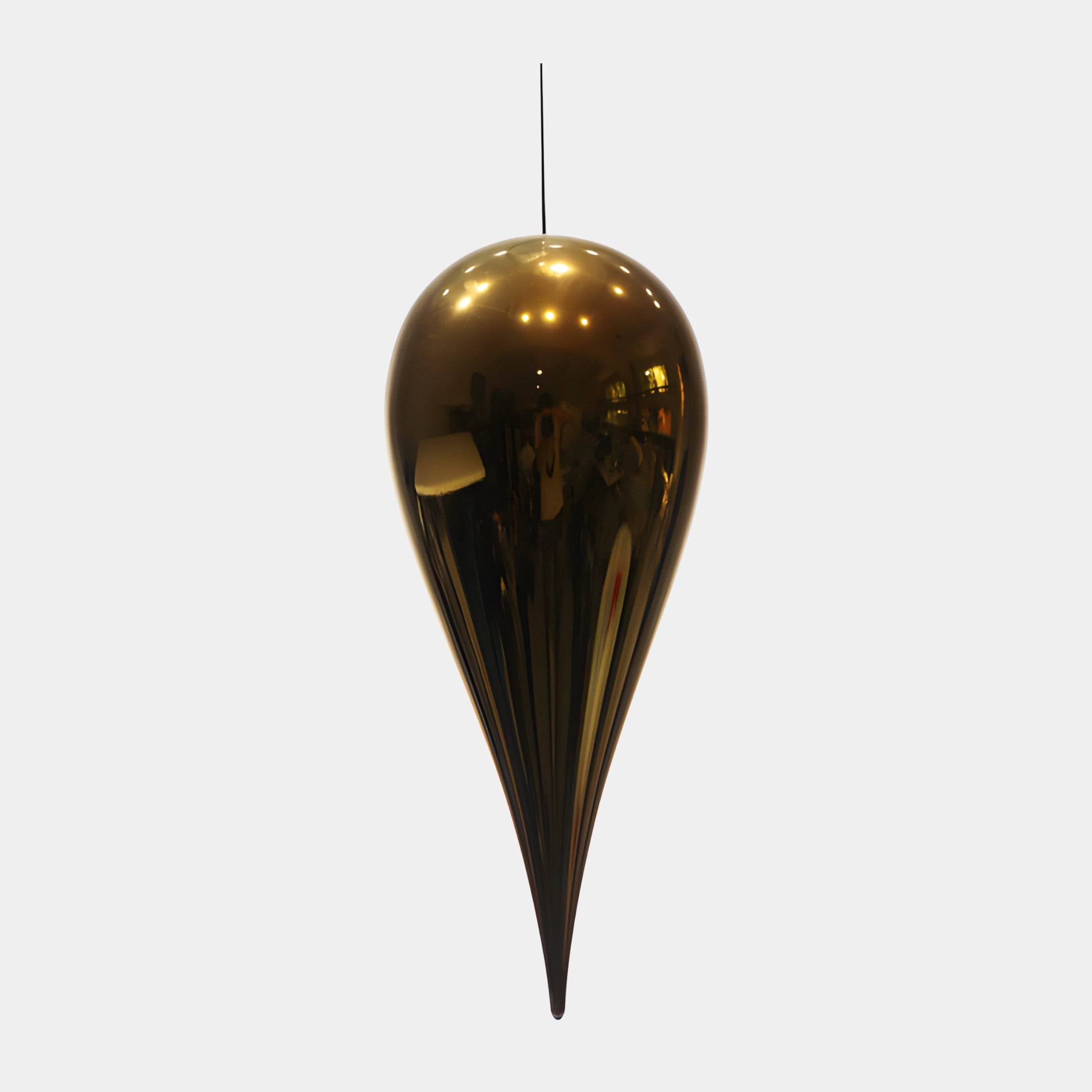 Giant Sculptures Gold Abstract Hanging Teardrop Pendant in polished 3D-printed resin, suspended from a slender thread against a plain white background.