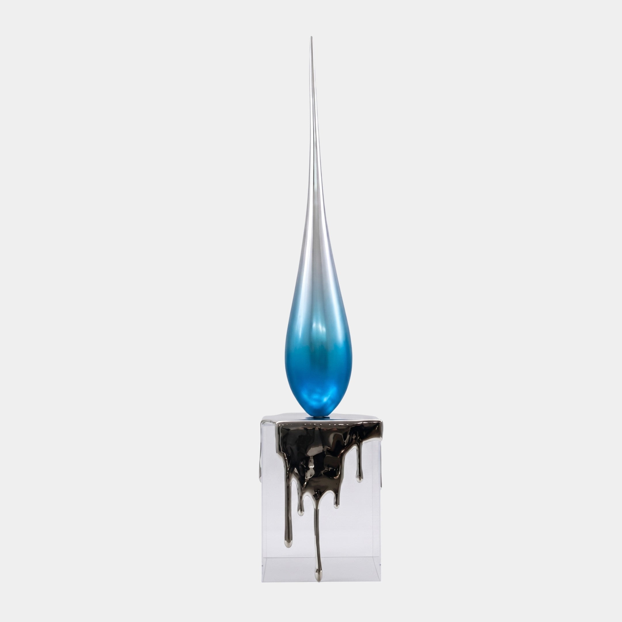 Giant Sculptures Blue & Silver Abstract Spike Teardrop Sculpture, 191cm, with a blue-to-silver gradient spike on a clear acrylic plinth dripping with chrome.