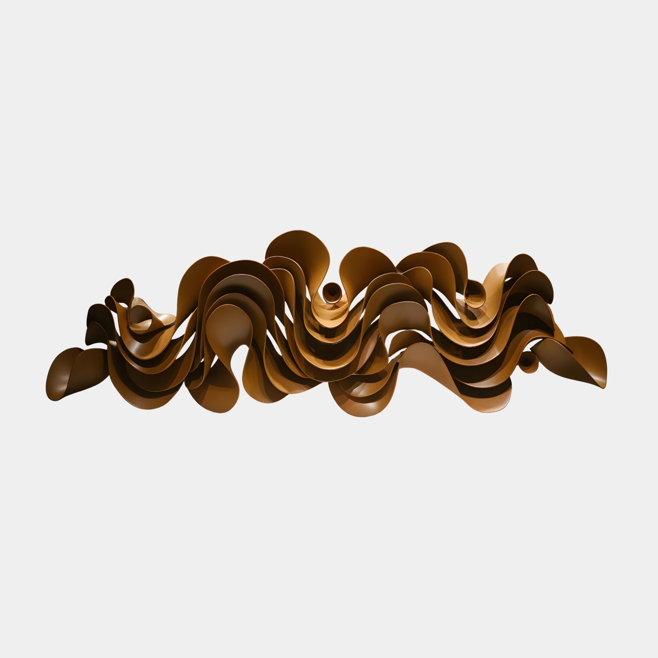 Bronze Undulating Wave Sculpture by Giant Sculptures, a 205cm 3D-printed resin piece of overlapping ribbon-like waves in a warm bronze finish, shown on a plain light background.