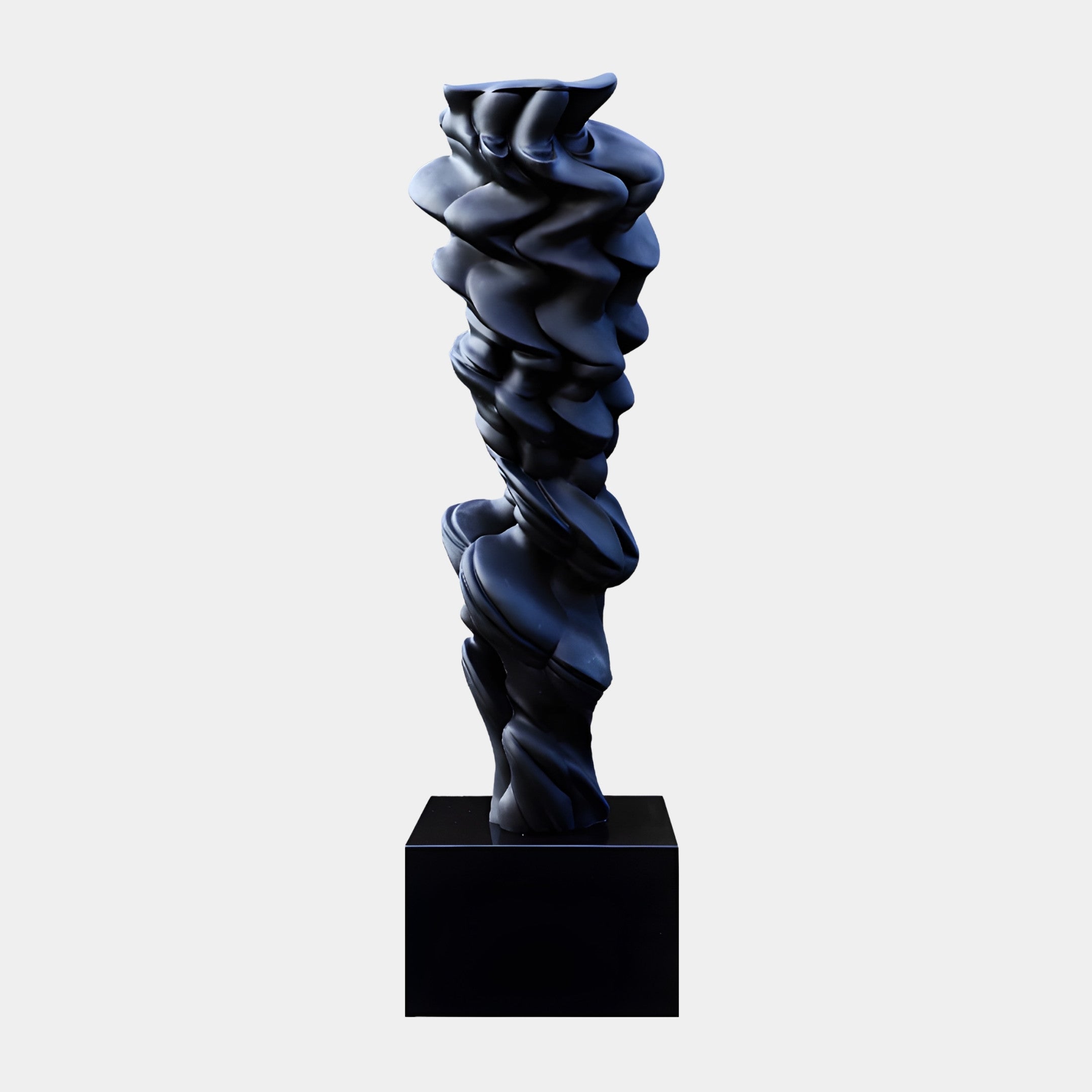 Giant Sculptures Black Twisted Organic Column Sculpture in 3D-printed resin, swirling matte black form on a glossy cube base, shown against a plain background.