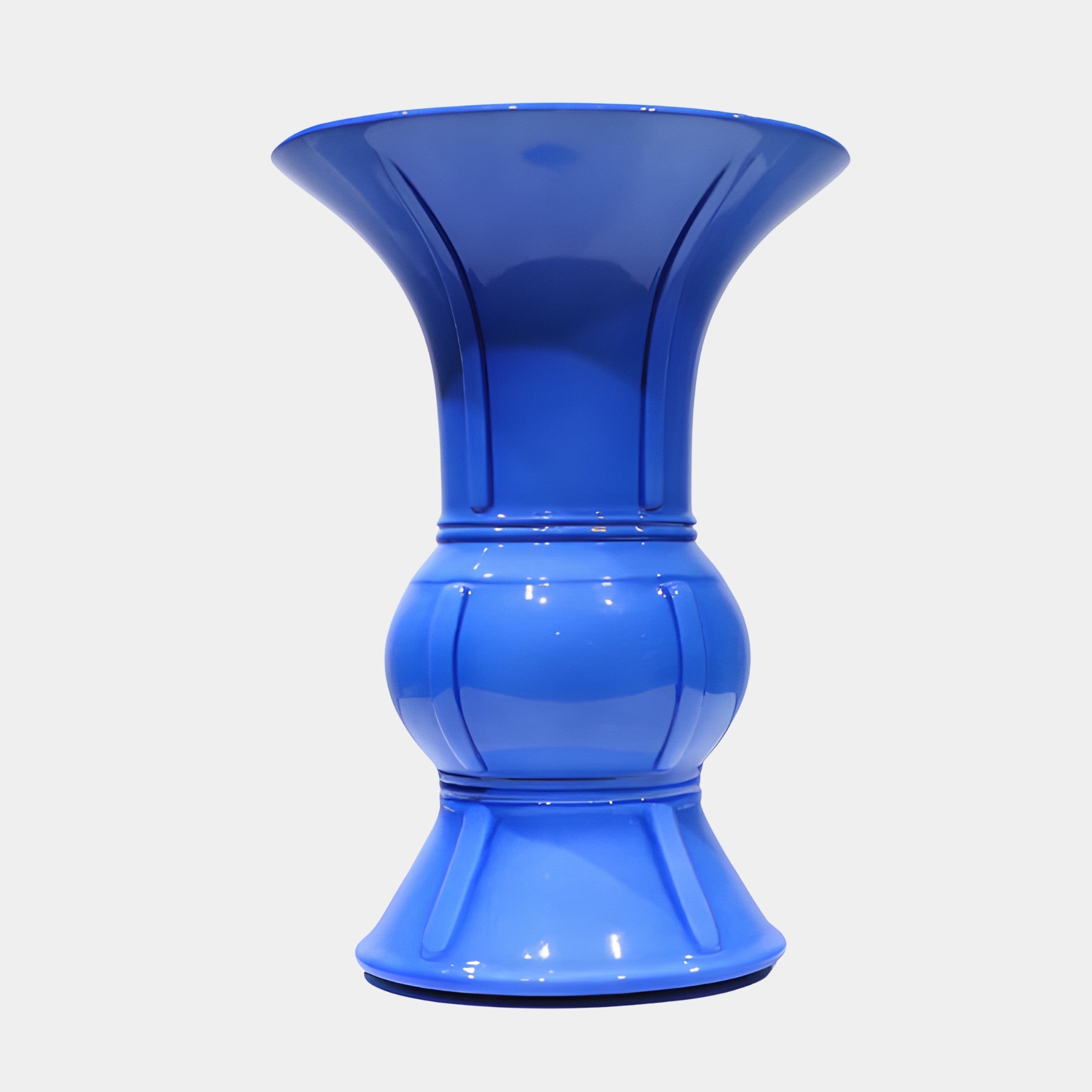 Blue Glazed Urn Vase 56cm by Giant Sculptures, a glossy cobalt 3D-printed resin vase with flared trumpet mouth and ribbed body, shown on a plain background.