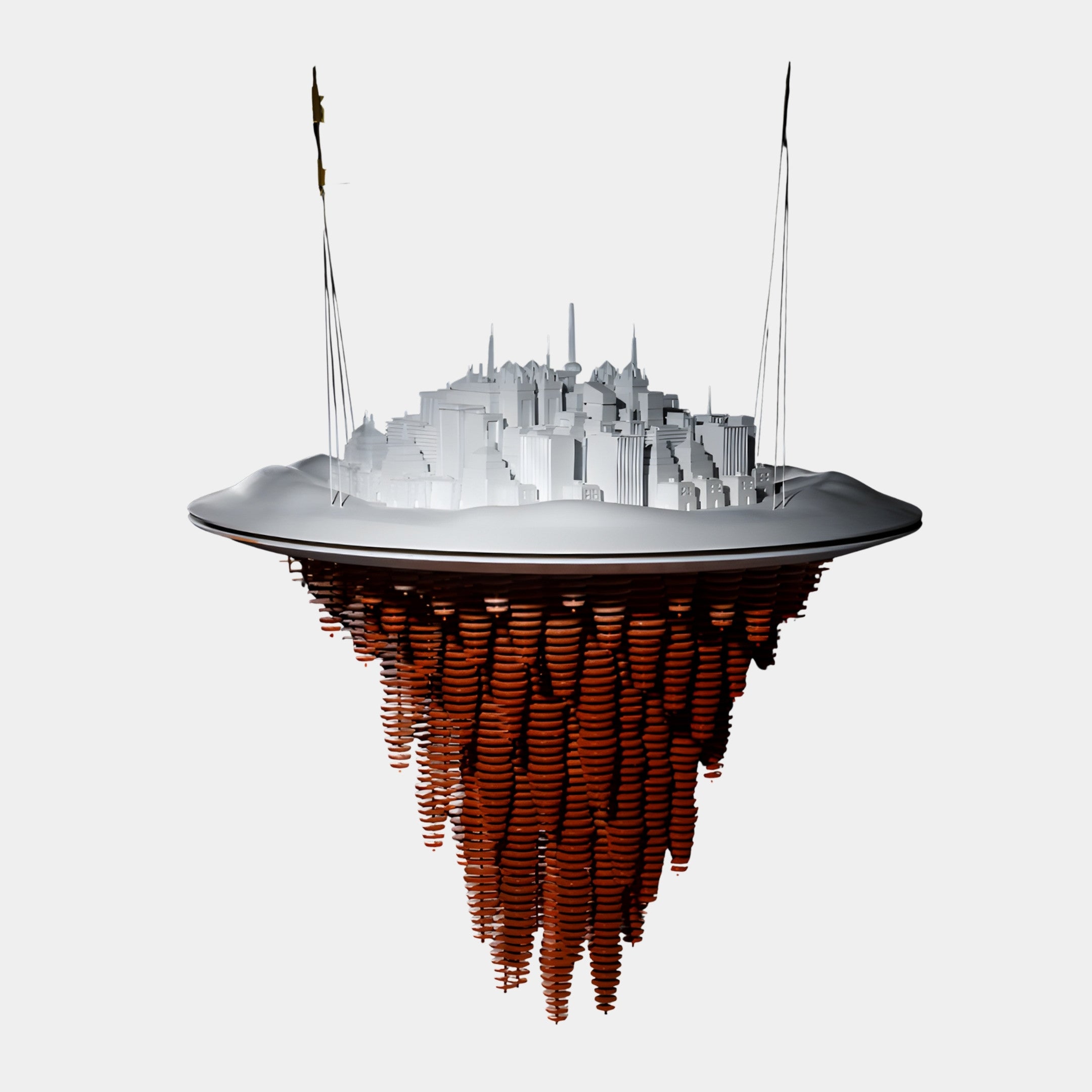 Giant Sculptures Silver & Bronze Floating City 126cm hanging sculpture, silver skyline on a disc with cascading bronze roots, suspended on fine wires.