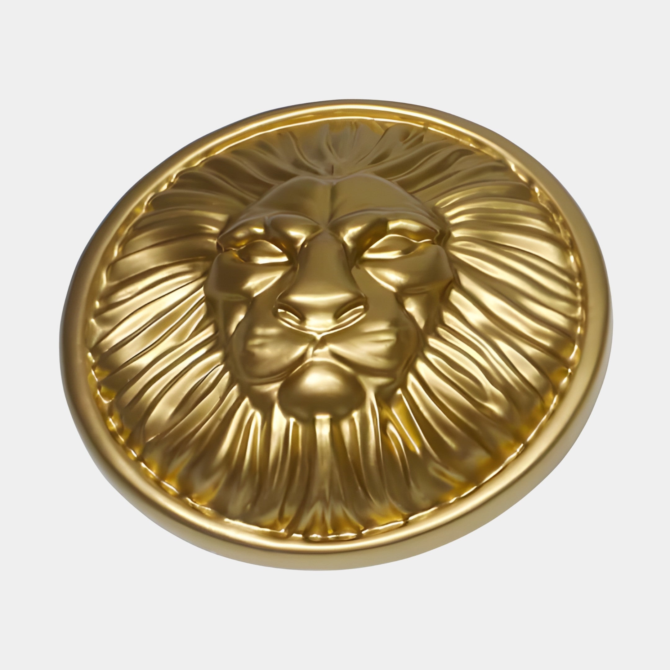 Giant Sculptures Gold Lion Face Medallion Sculpture 25cm in 3D-printed resin with polished gold finish, lion's head and mane in relief, shown on a plain background.