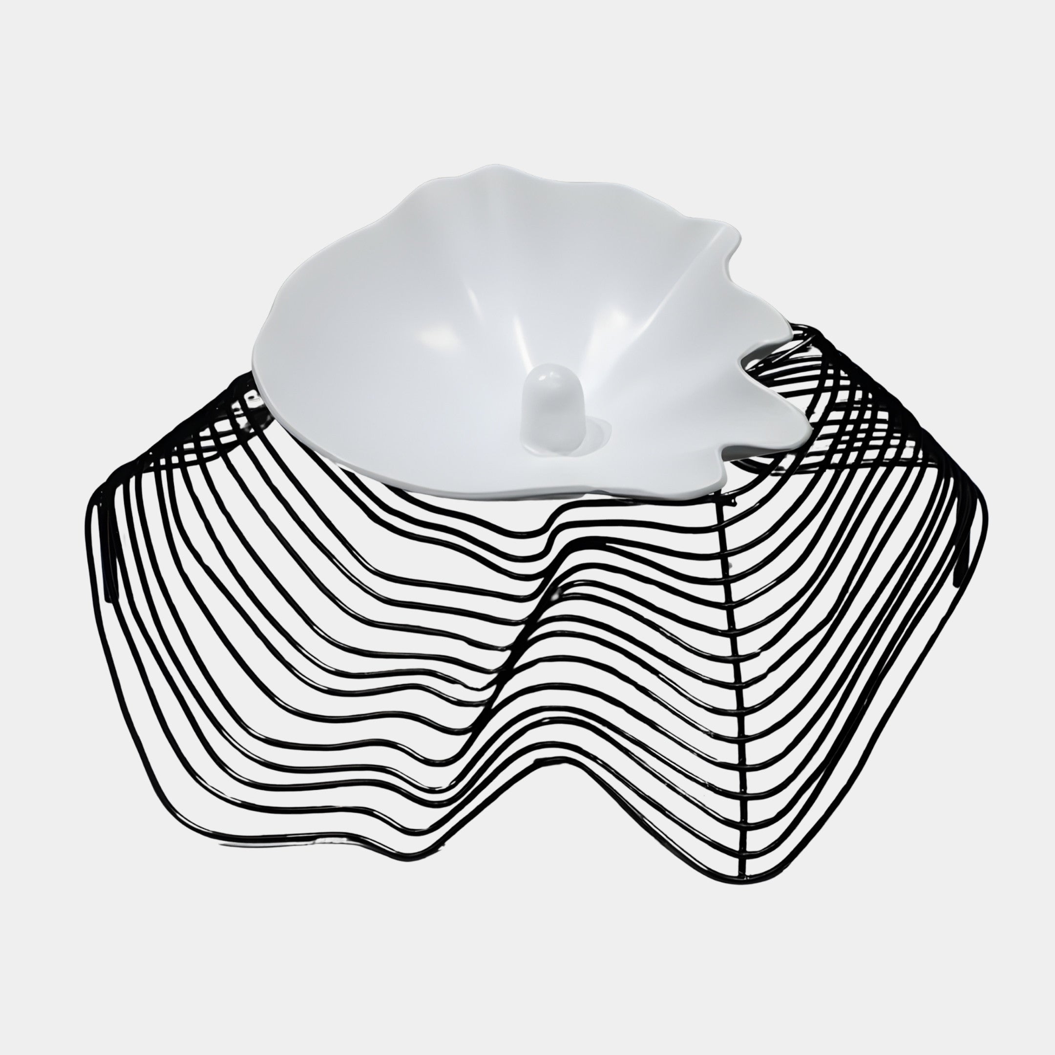 Giant Sculptures White Abstract Petal Bowl with ruffled edges on a black wire wave base, 53cm, shown against a plain white background.
