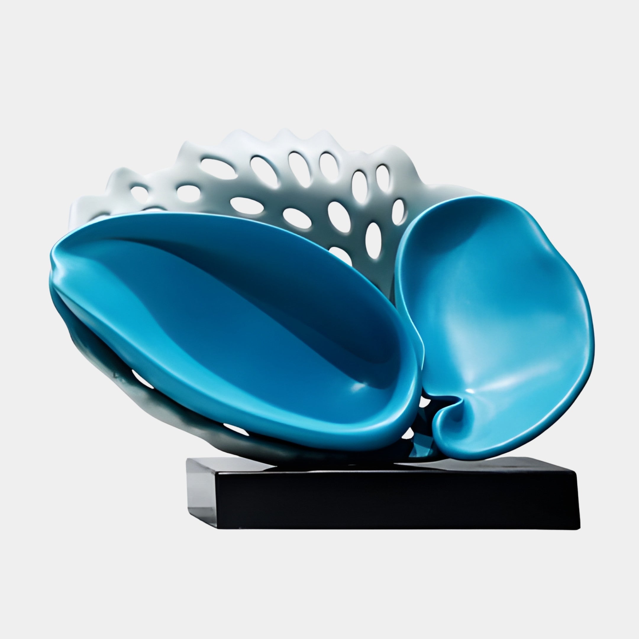 Blue Abstract Petal Form Sculpture by Giant Sculptures, featuring turquoise scooped petals against a perforated white-to-blue panel on a black base, 40cm.