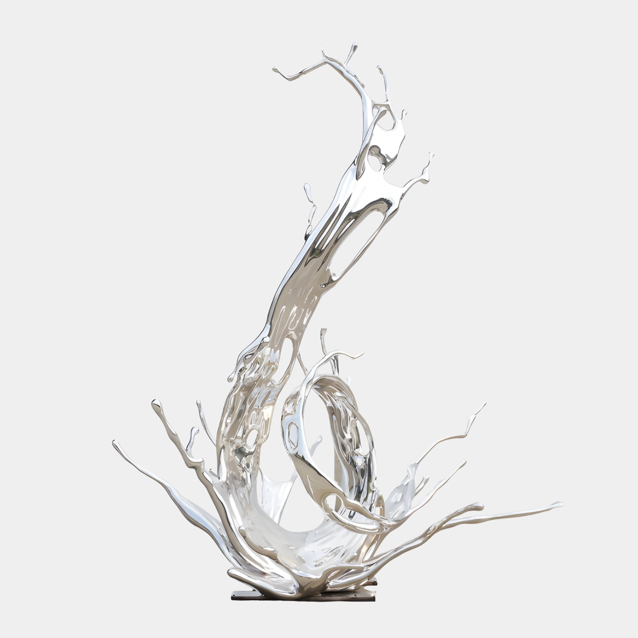 Giant Sculptures Silver Abstract Water Splash Sculpture 210cm in chrome-finished resin, twisting upward with frozen droplets, shown against a plain light background.