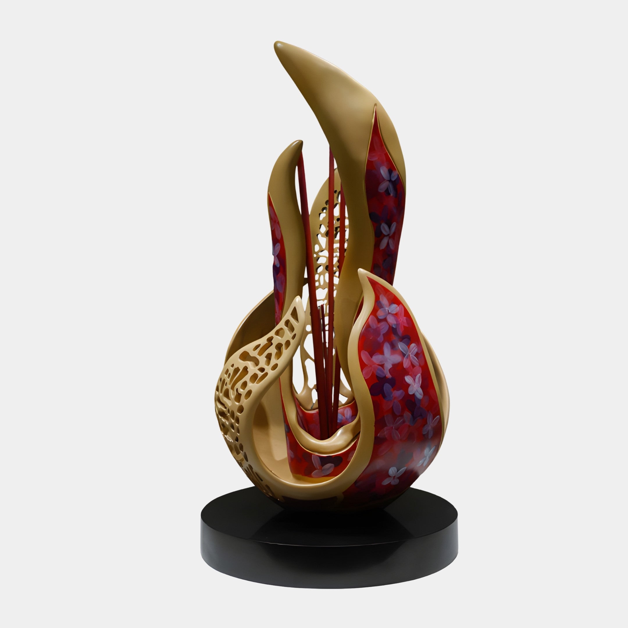 Giant Sculptures Gold and Red Floral Abstract Flame Sculpture in 3D-printed resin, with gilded curling petals around red floral panels on a black marble base.